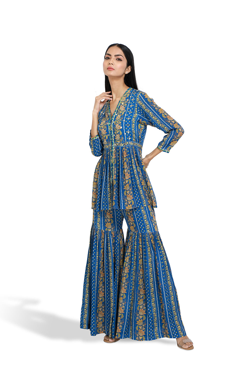 Blue Short Peplum Kurta With Sharara - Set of 2