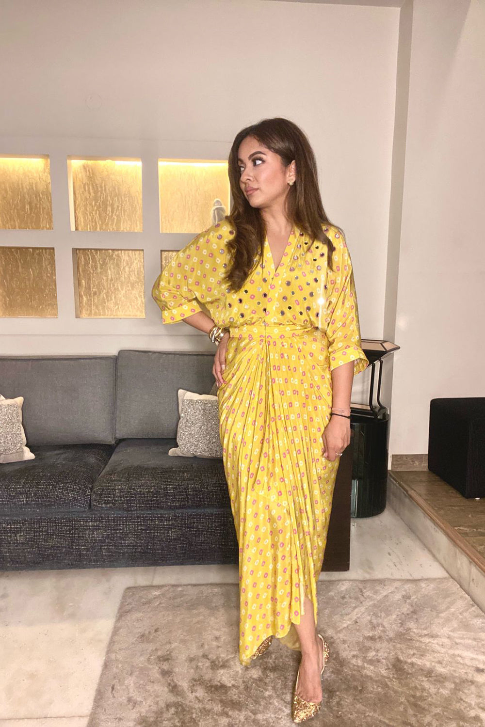 Yellow Bandhini Print Drape Dress