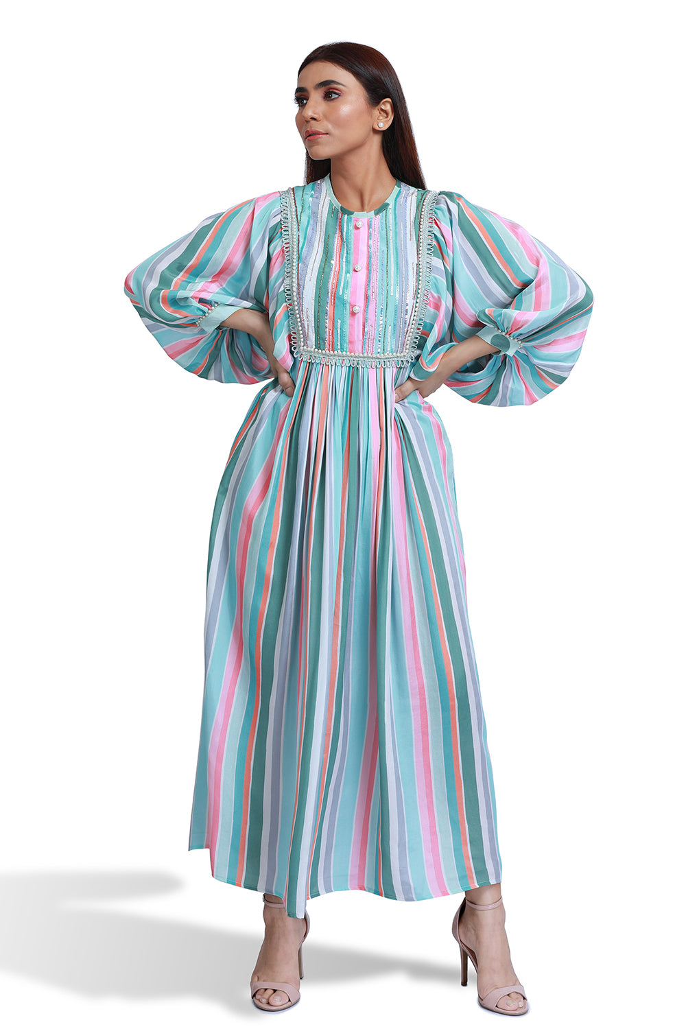 Turqoise Stripe Balloon Sleeve Dress
