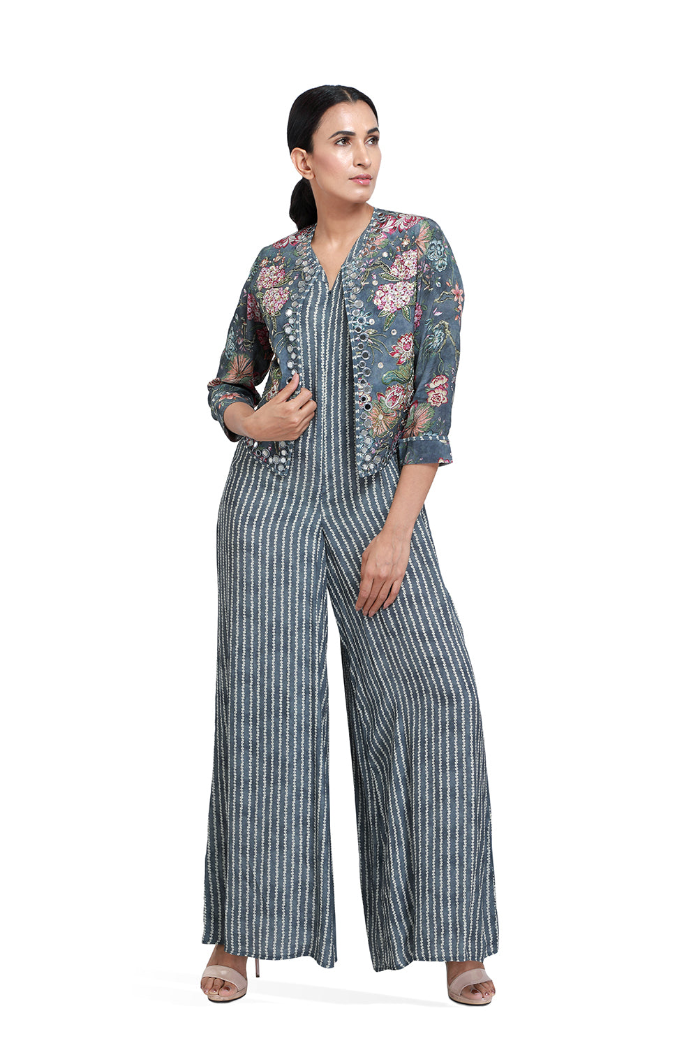 Grey Bandhini Jacket Jumpsuit - Set of 2