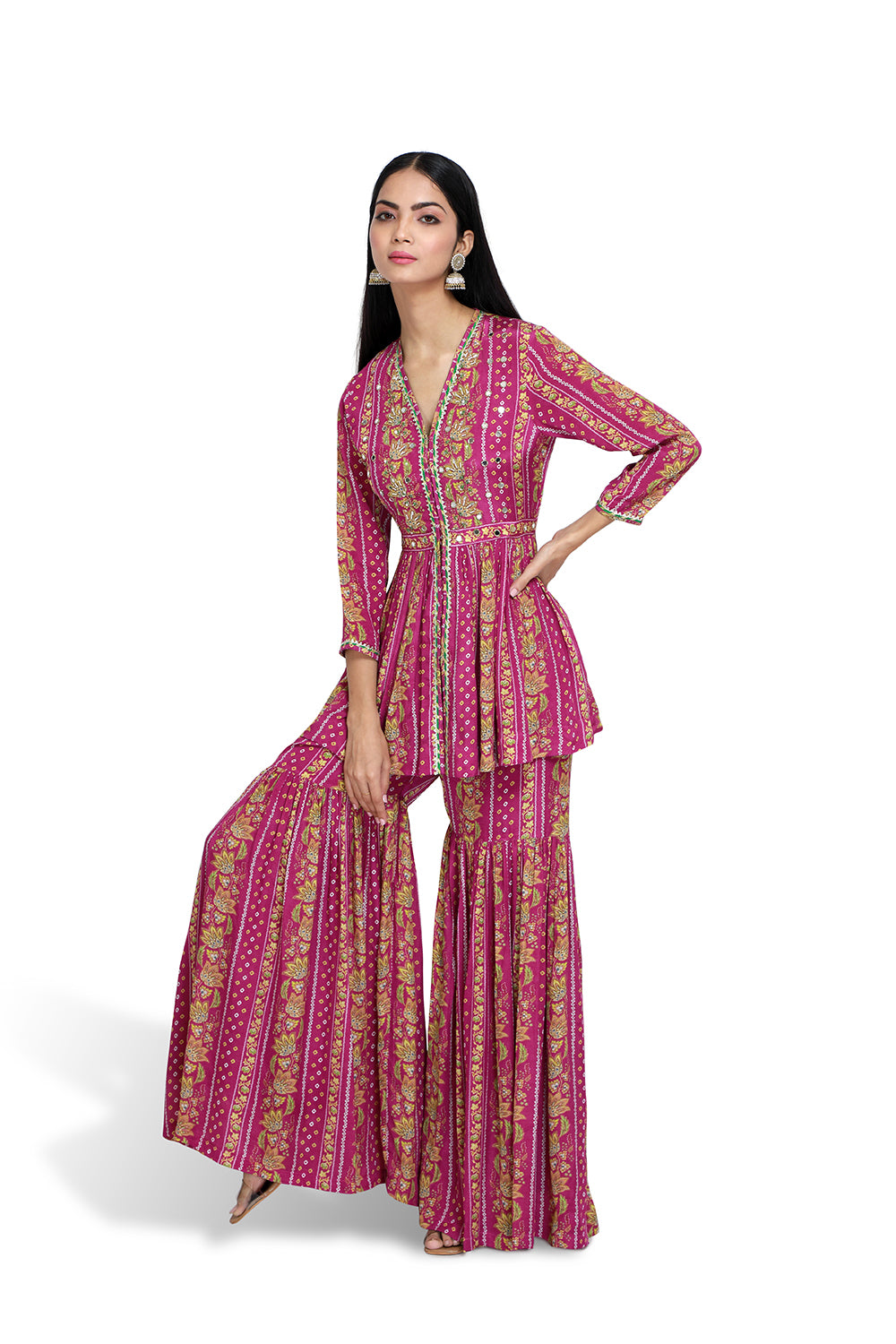 Magenta Short Peplum Kurta With Sharara - Set of 2