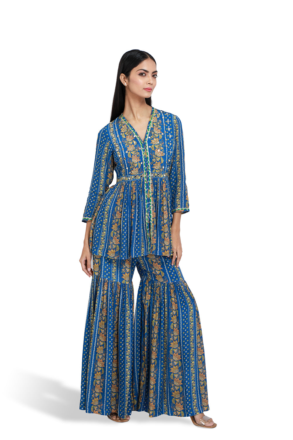 Blue Short Peplum Kurta With Sharara - Set of 2
