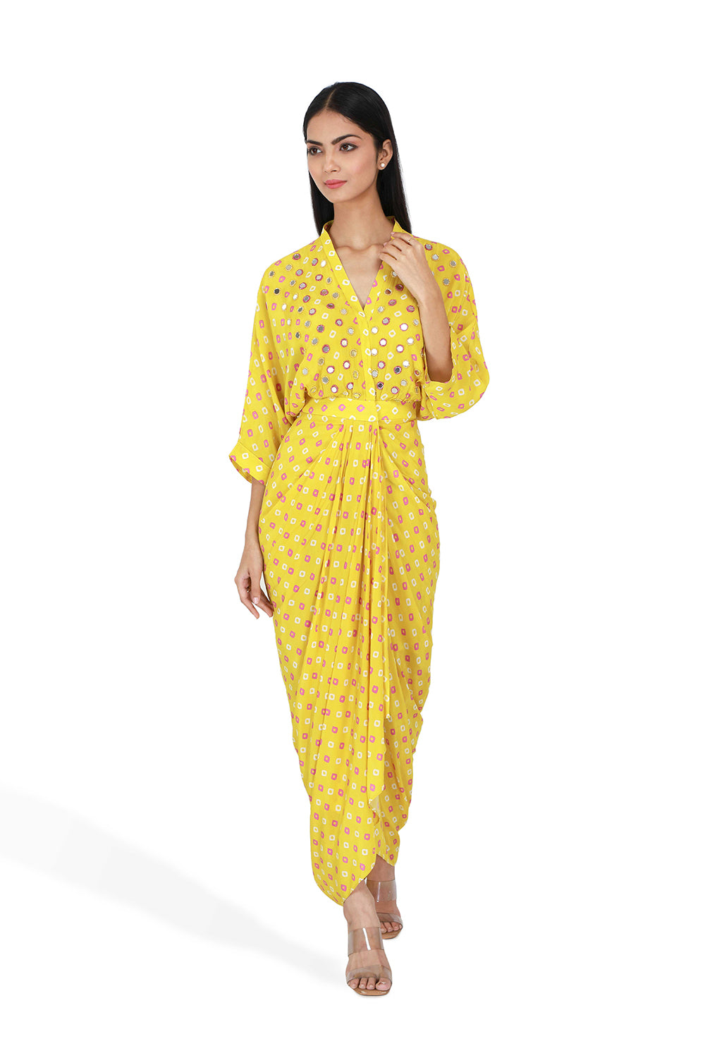 Yellow Bandhini Print Drape Dress
