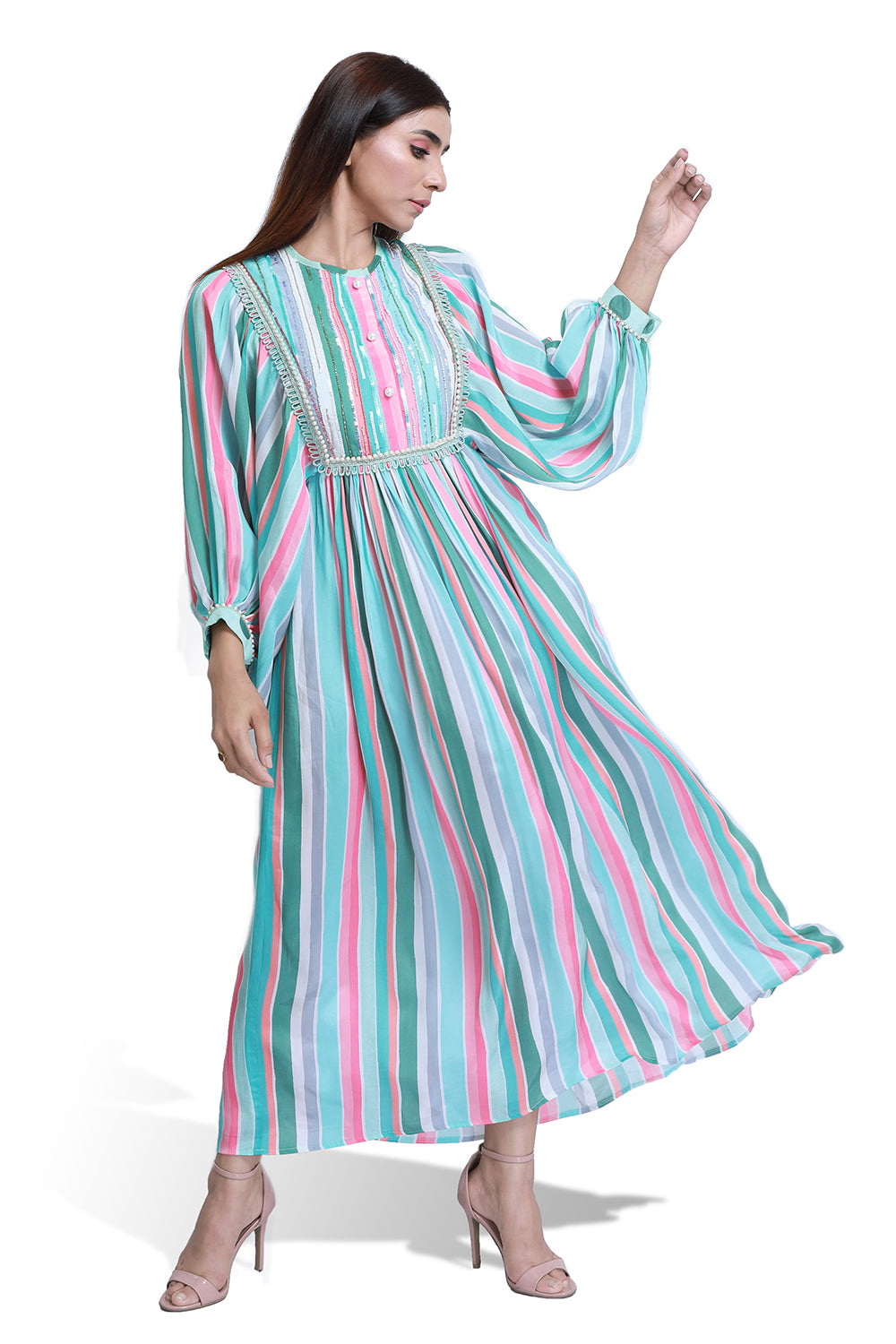 Turqoise Stripe Balloon Sleeve Dress