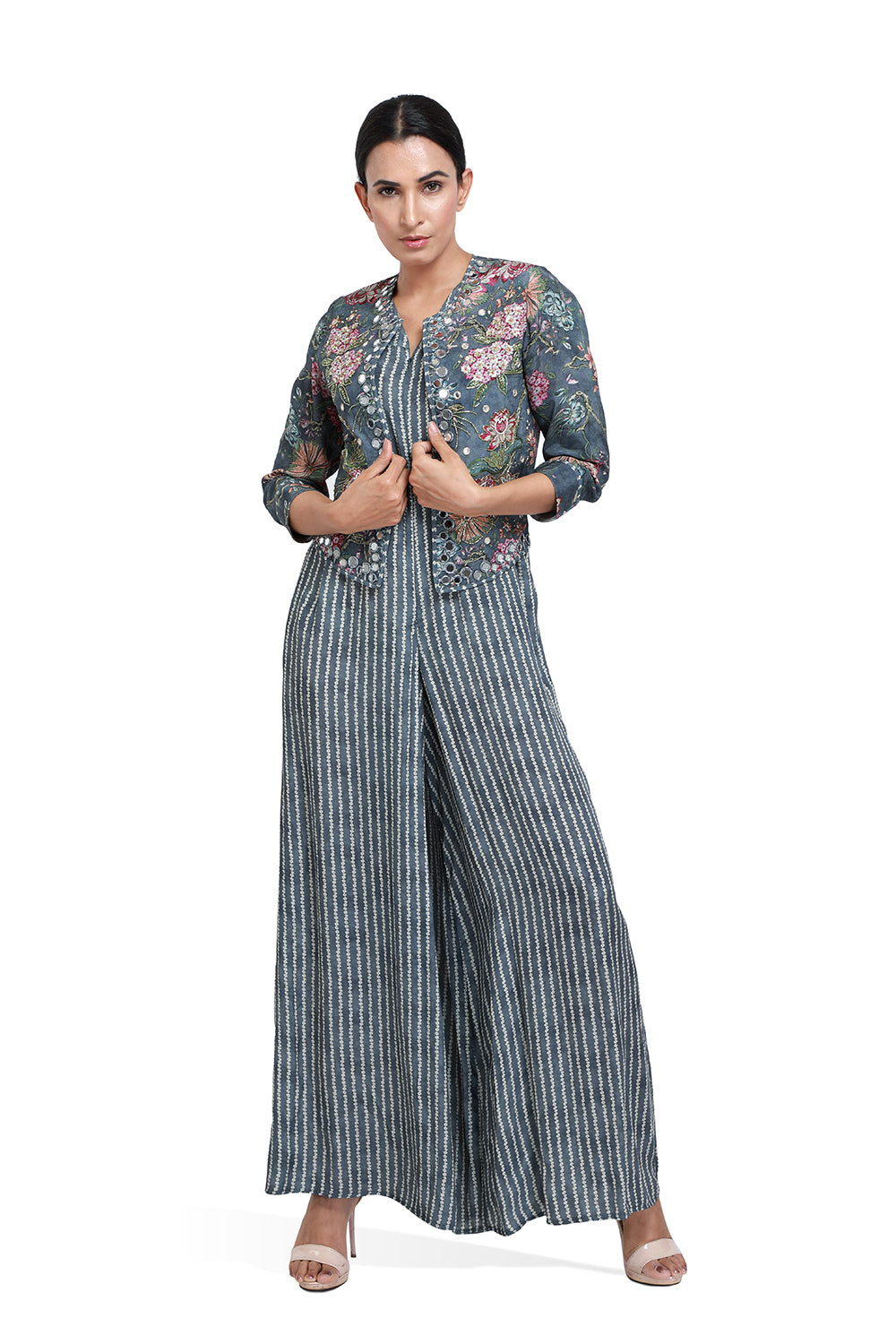 Grey Bandhini Jacket Jumpsuit - Set of 2