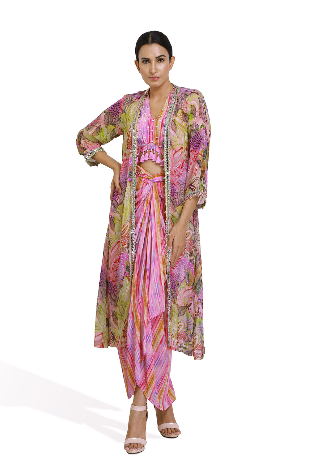 Floral Cape With Crop Top & Drape Skirt - Set of 3