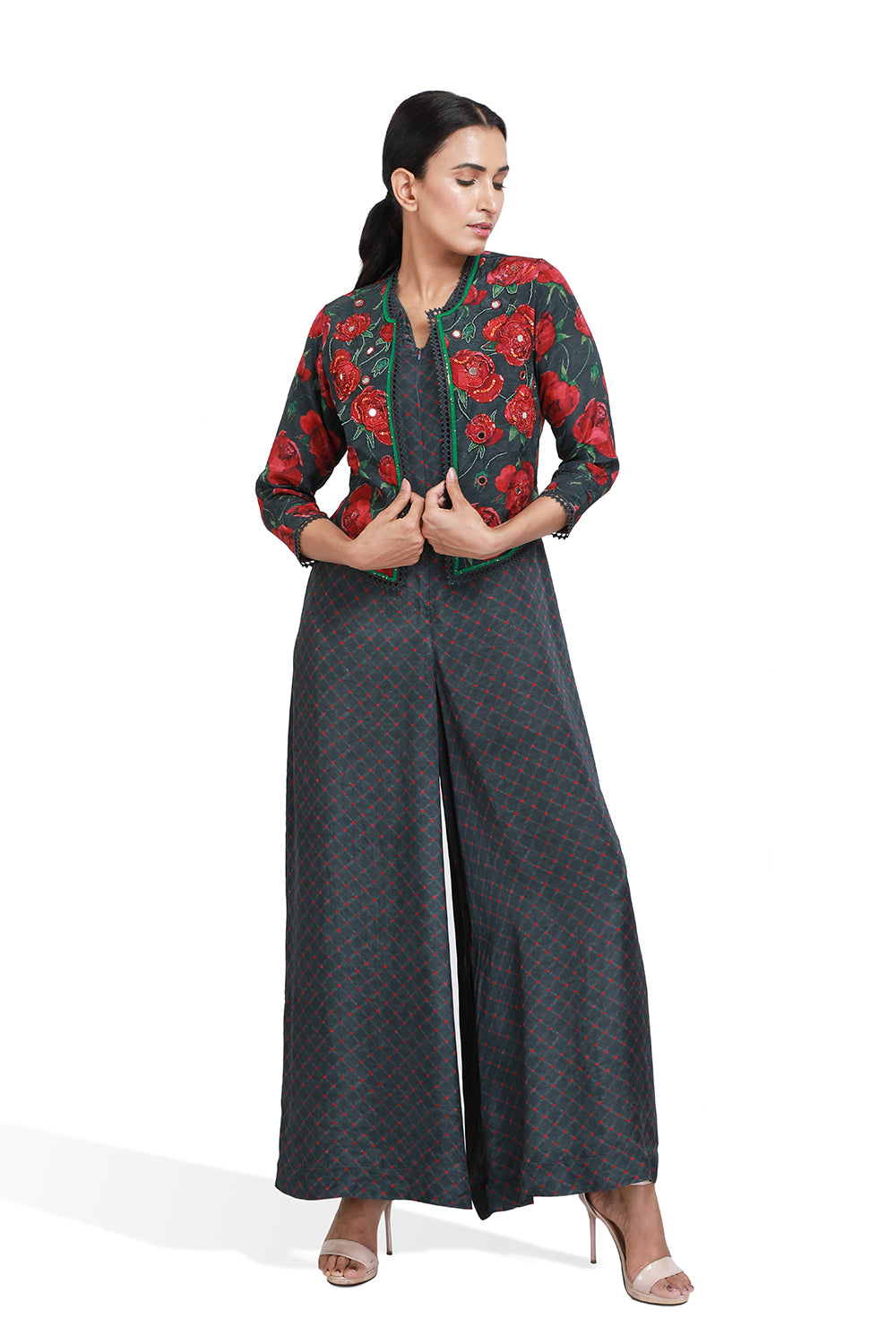 Black And Rose Print Jumpsuit With Jacket - Set of 2