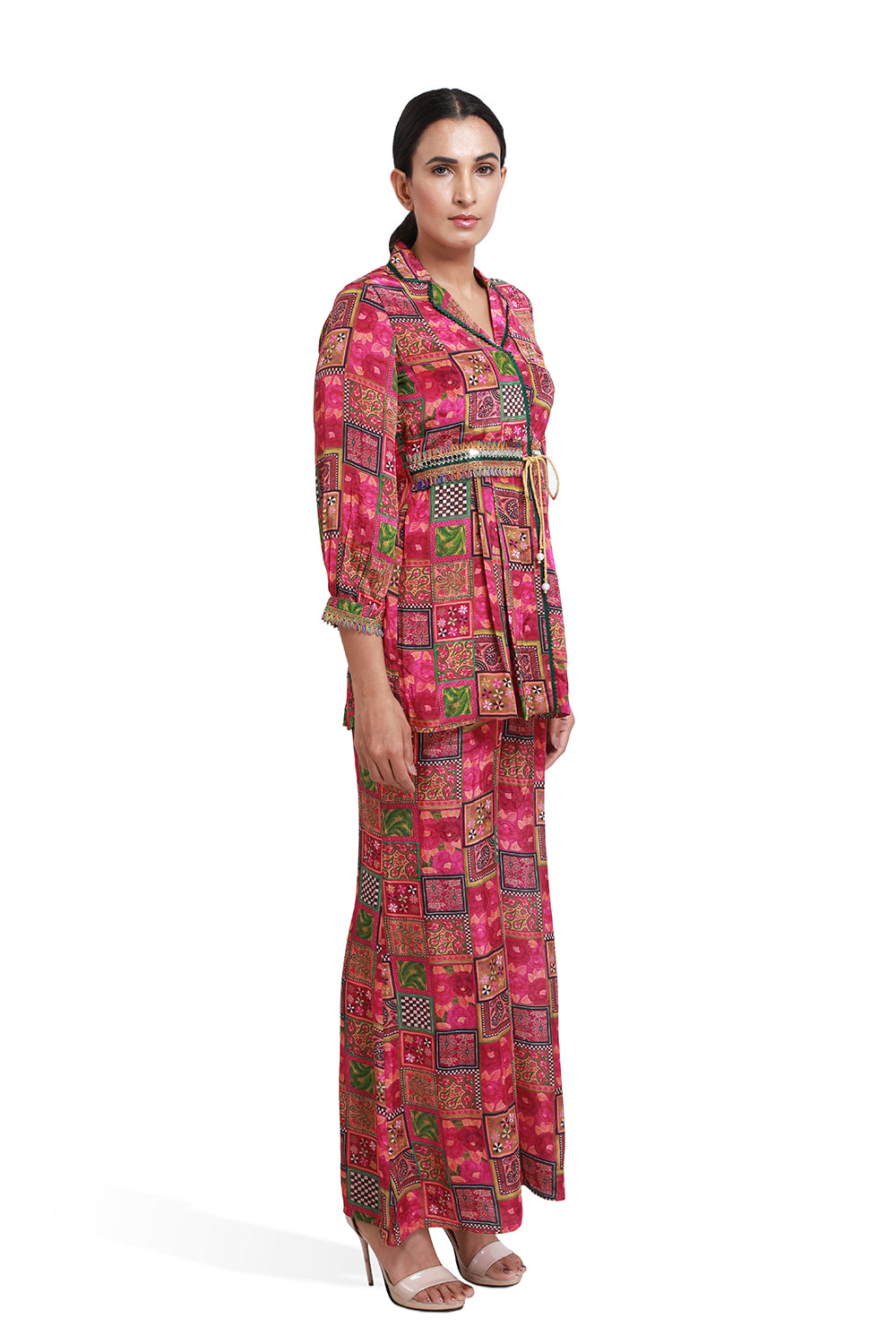 Majenta Square Print Co-ord Set With Belt - Set of 2