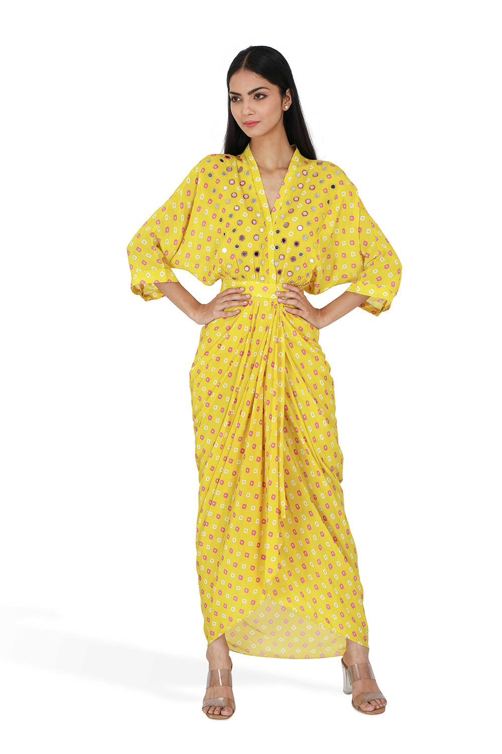 Yellow Bandhini Print Drape Dress