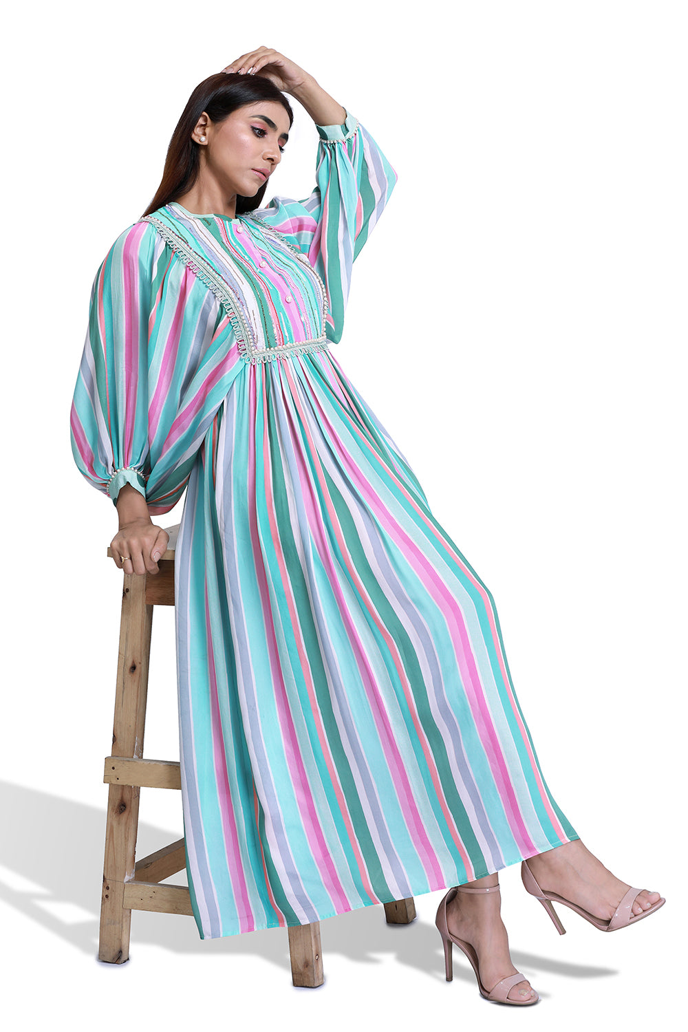 Turqoise Stripe Balloon Sleeve Dress