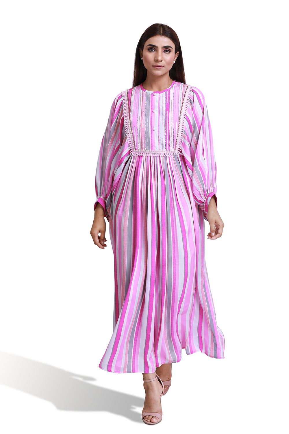 Pink Stripe Balloon Sleeve Dress