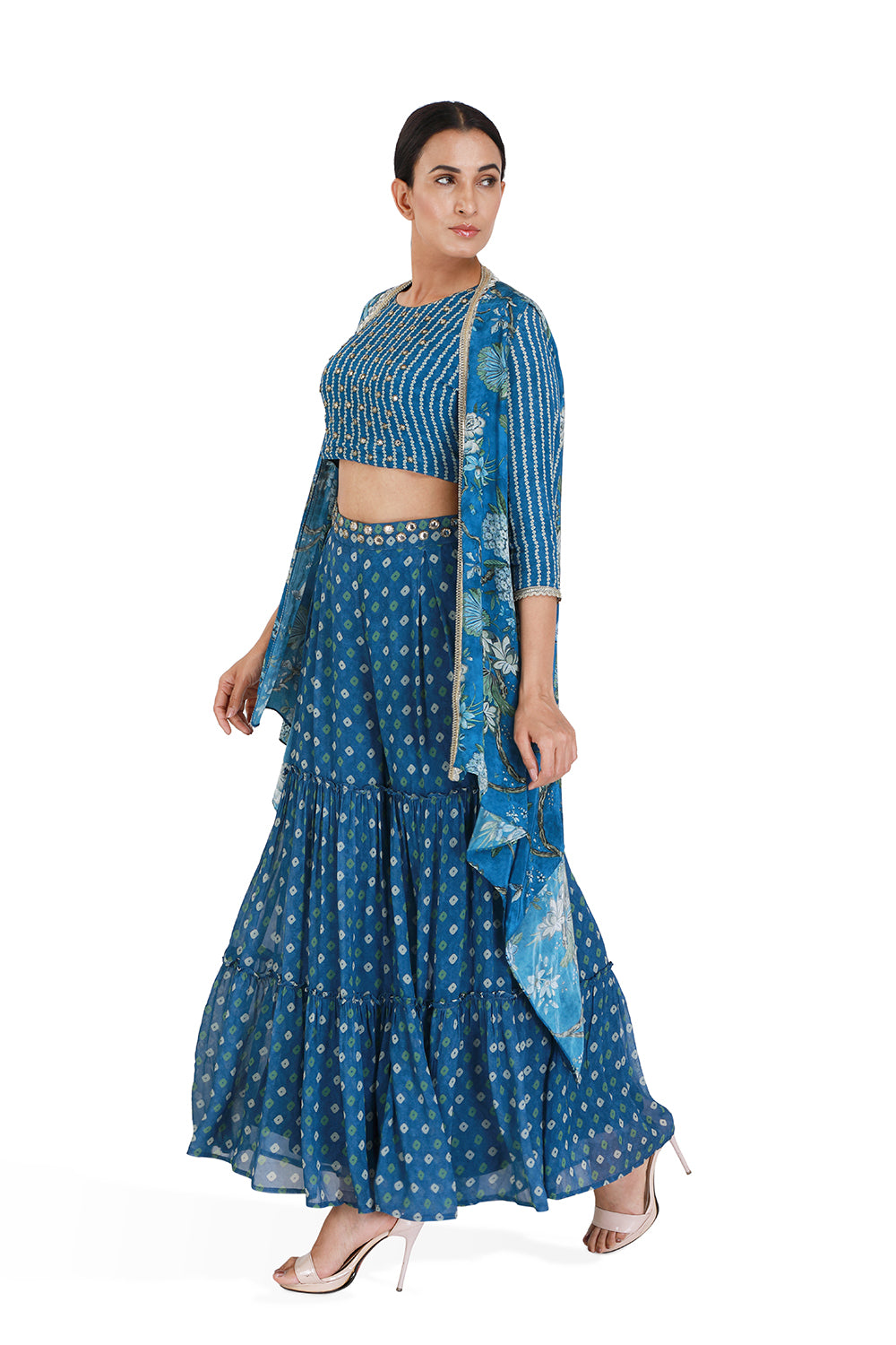 Blue Floral Cape With Crop Top & Sharara Pants - Set of 3