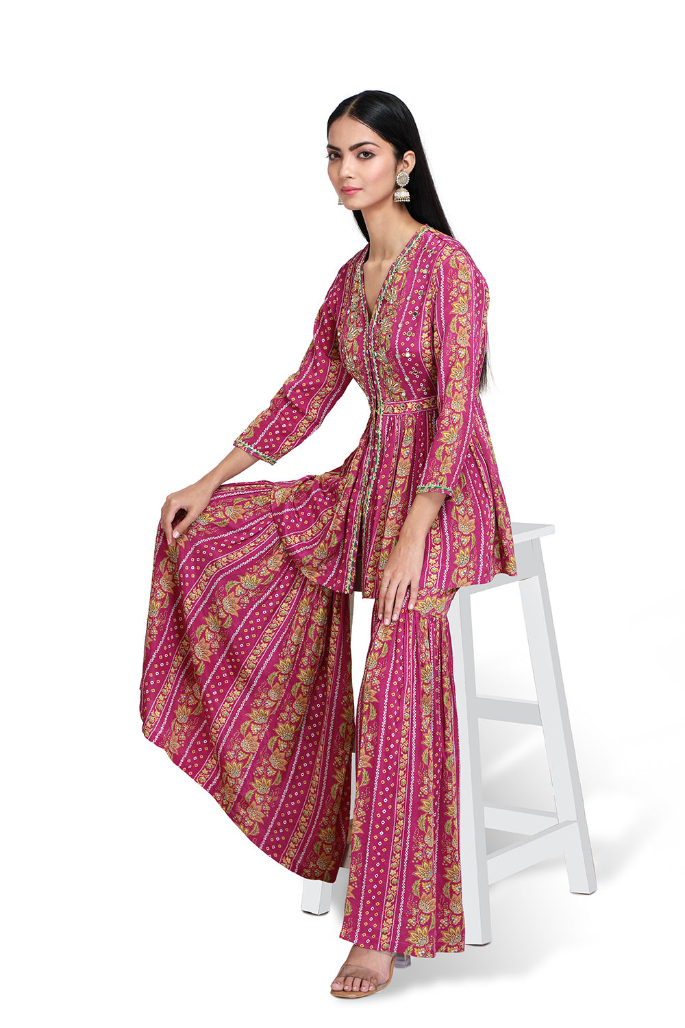 Magenta Short Peplum Kurta With Sharara - Set of 2