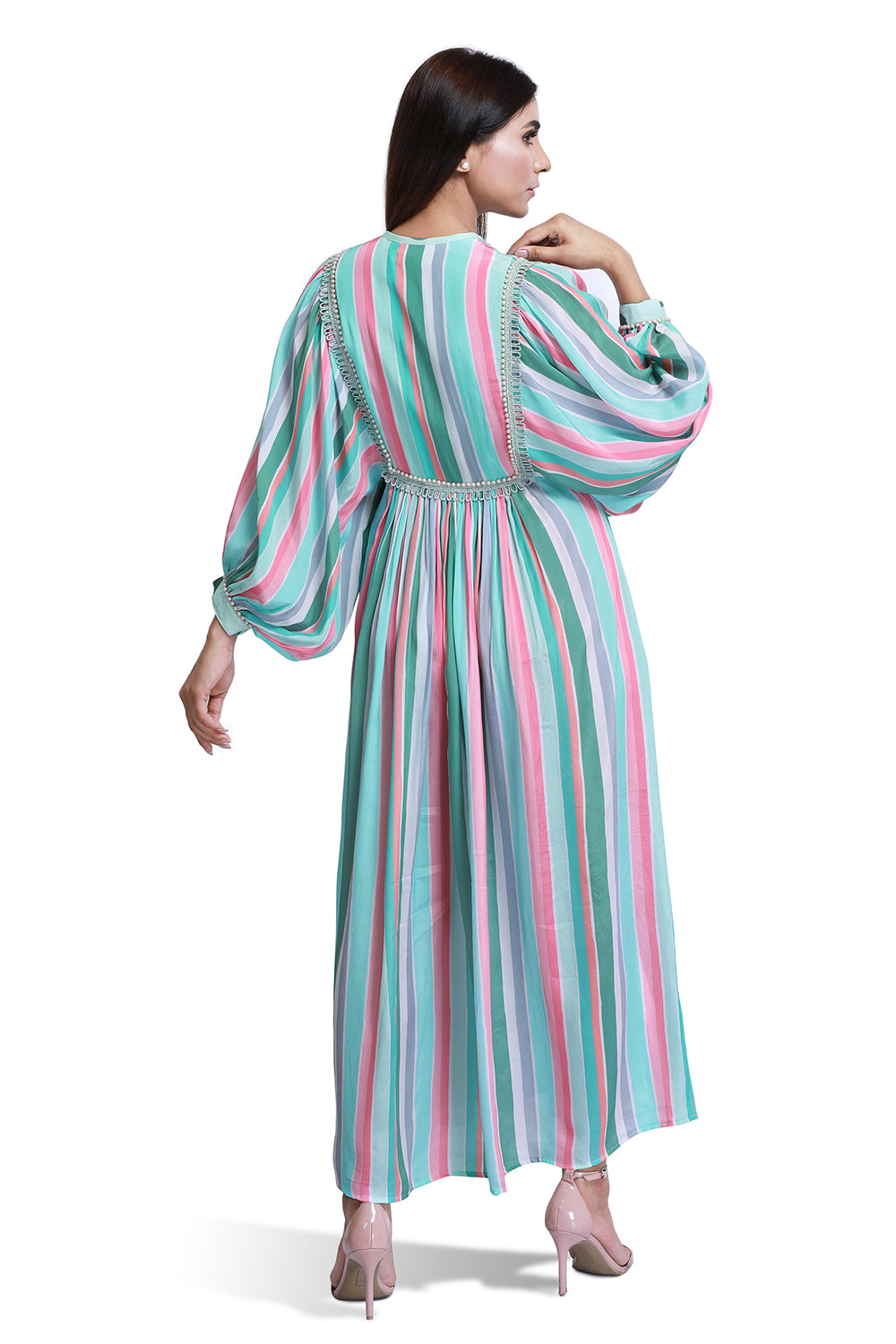 Turqoise Stripe Balloon Sleeve Dress