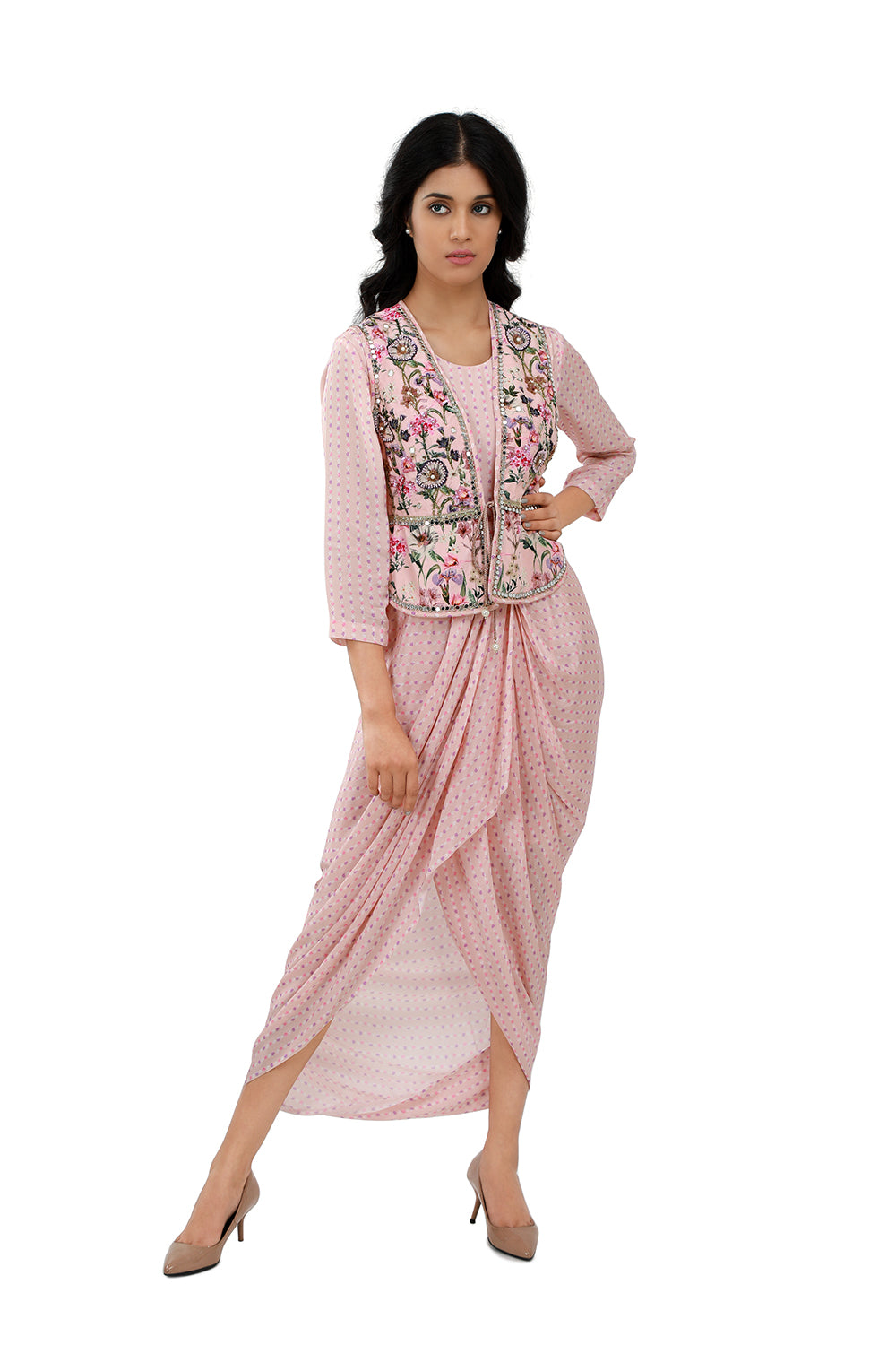 Pink Bandhini Print Drape Dress - Set of 2