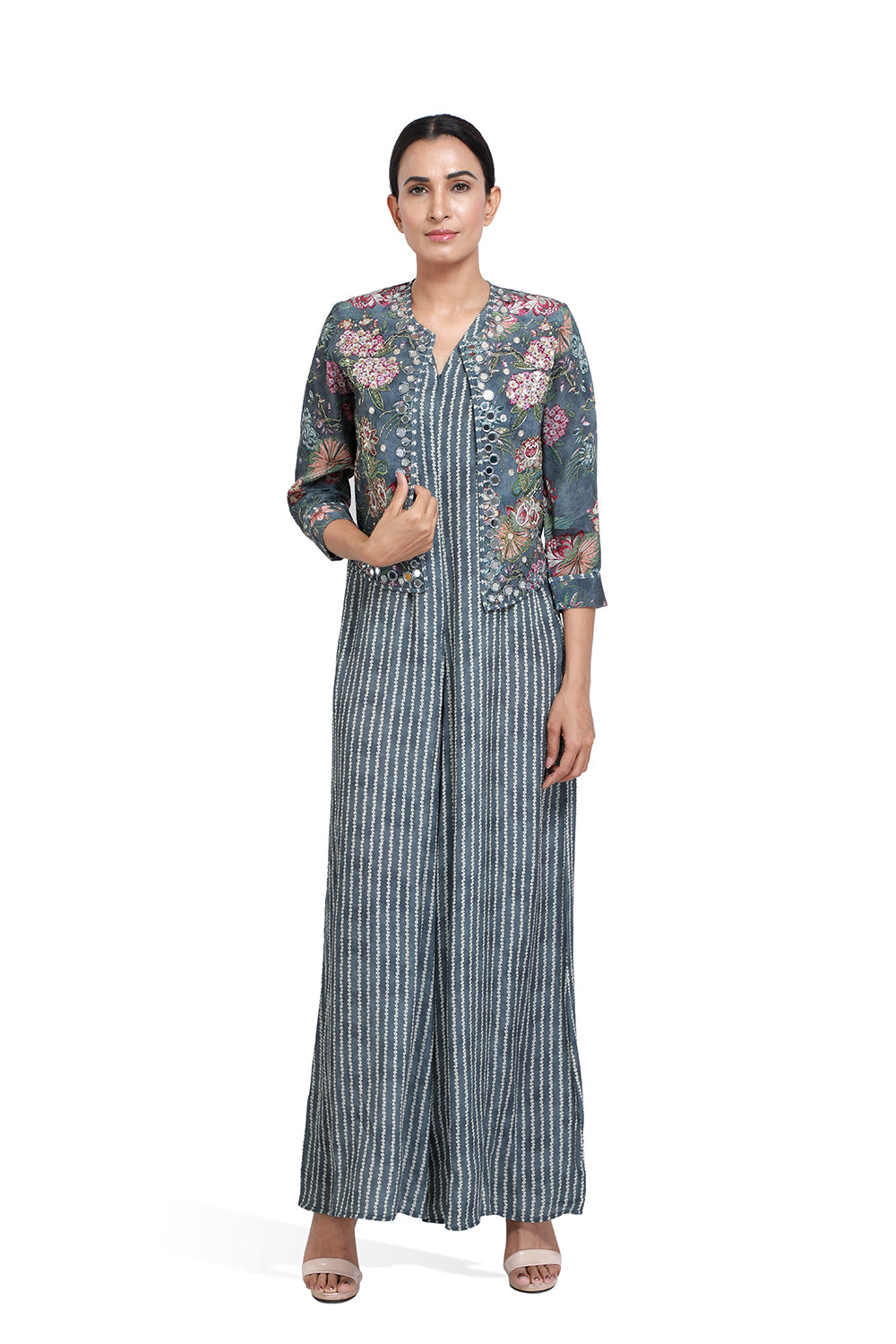 Grey Bandhini Jacket Jumpsuit - Set of 2