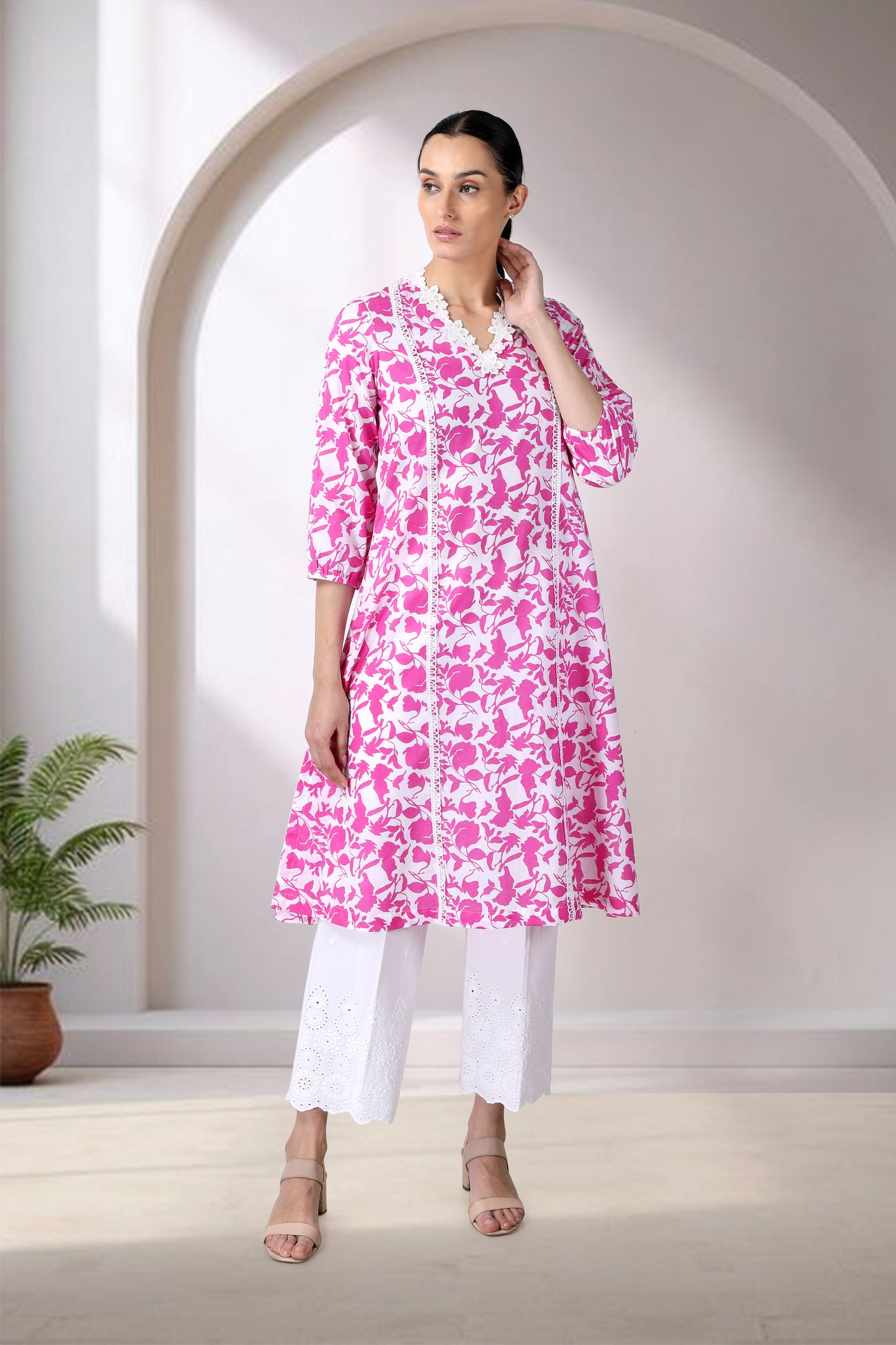 Pink And White Printed A-line Kurta Set