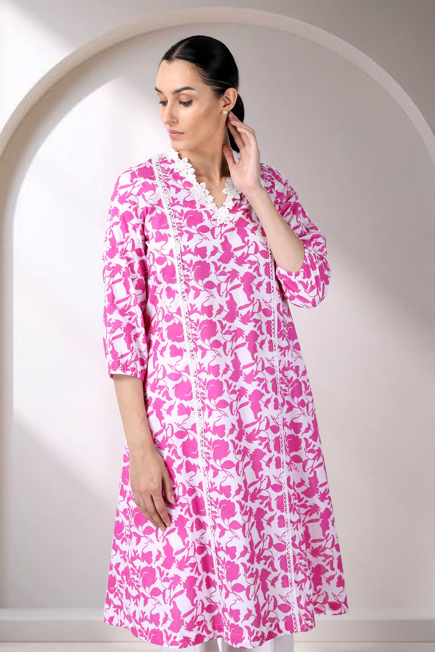 Pink And White Printed A-line Kurta Set
