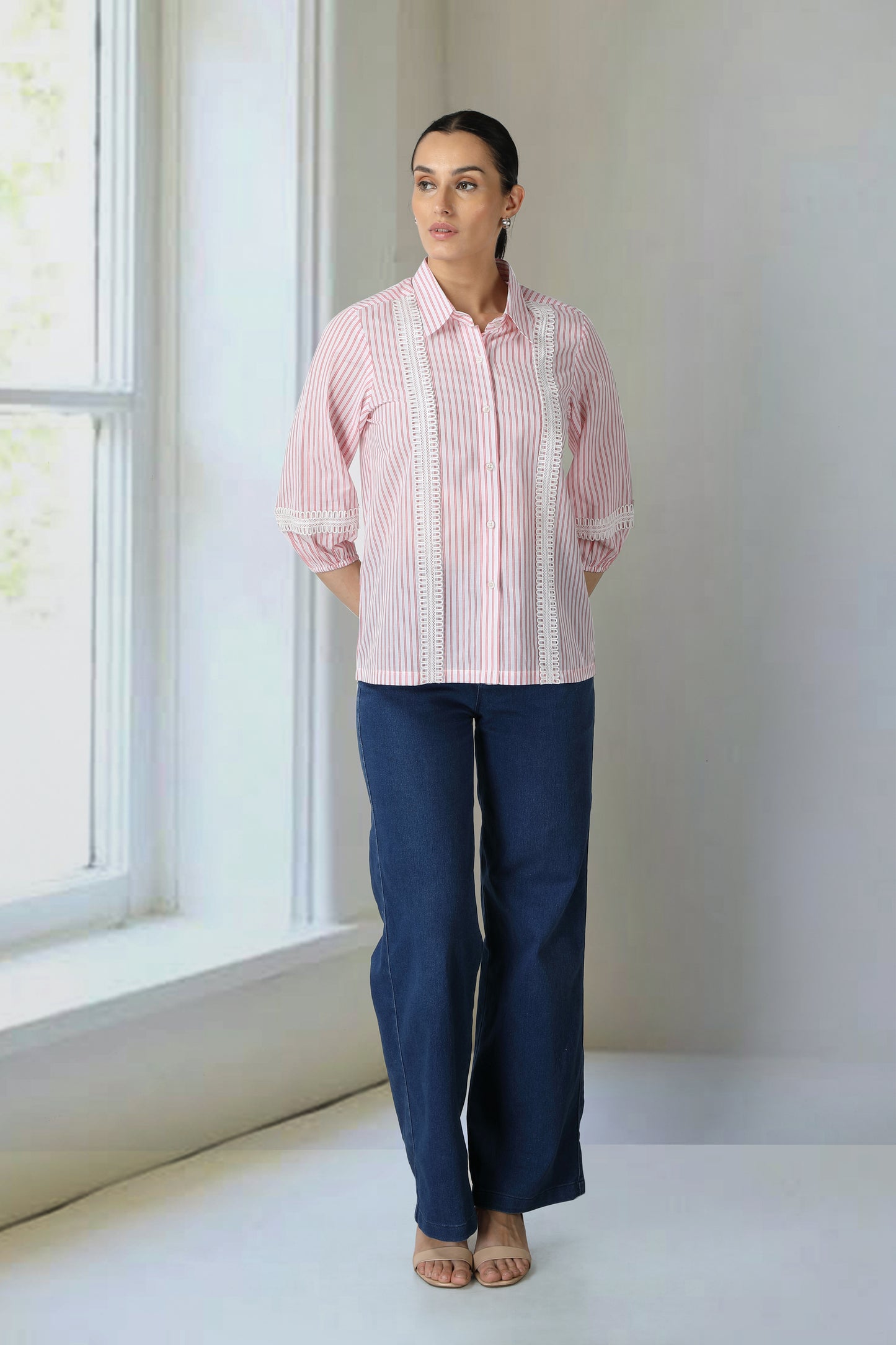 Pink And White Striped Collar Shirt