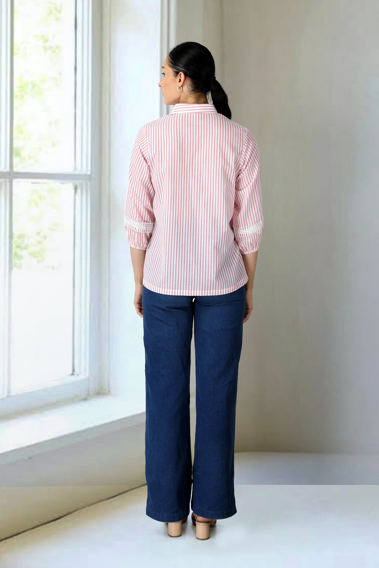 Pink And White Striped Collar Shirt