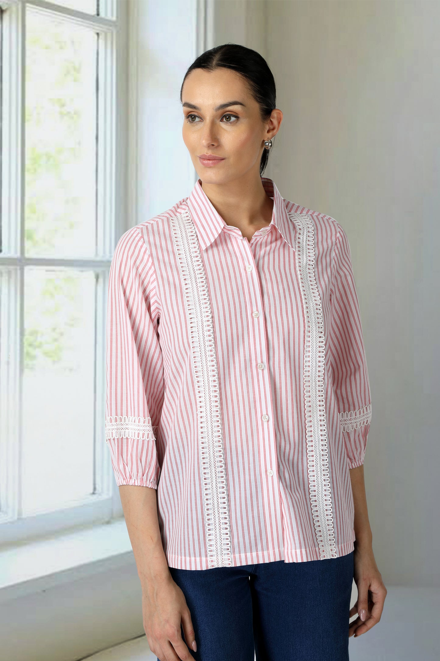 Pink And White Striped Collar Shirt
