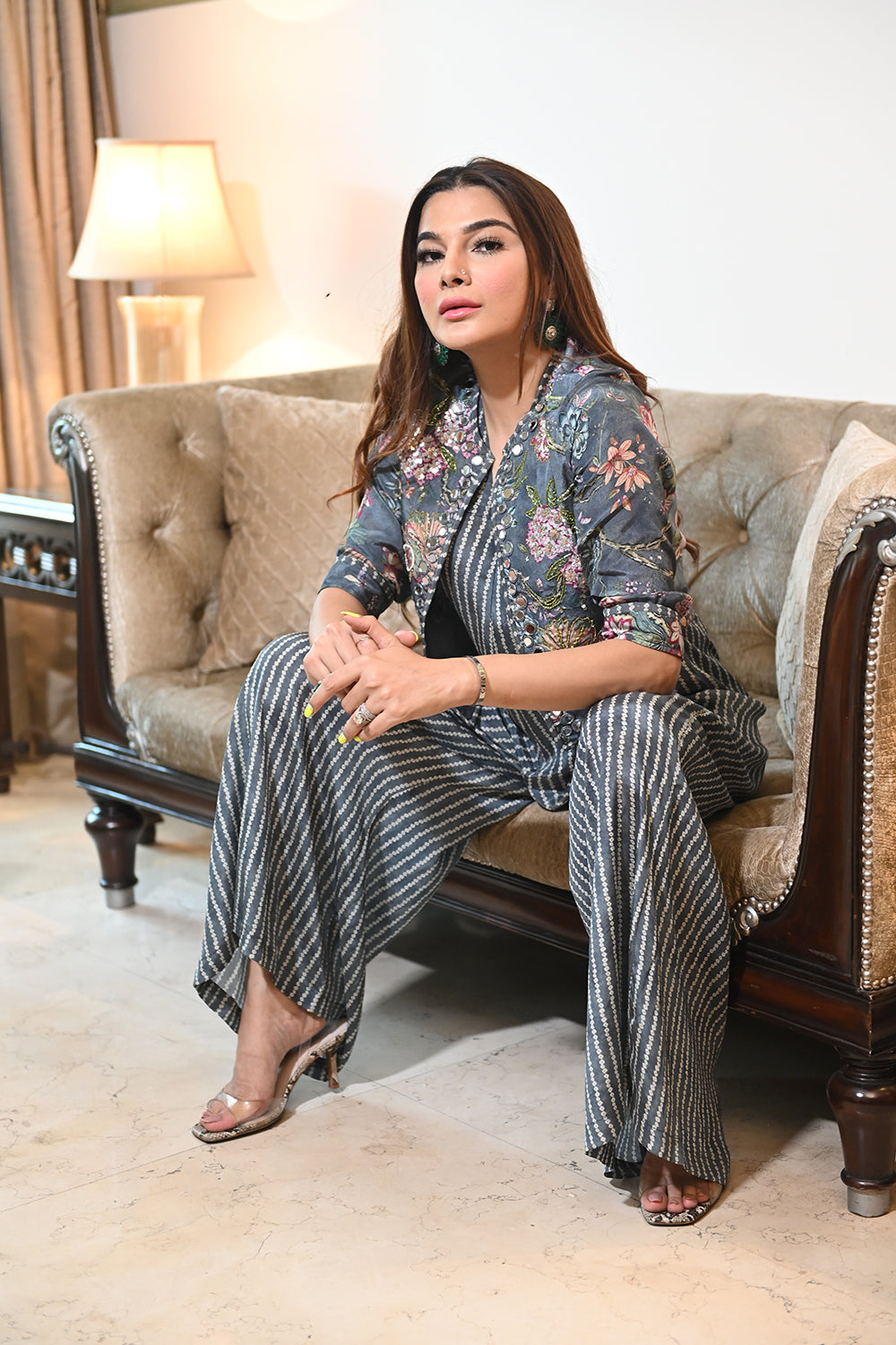 Grey Bandhini Jacket Jumpsuit - Set of 2