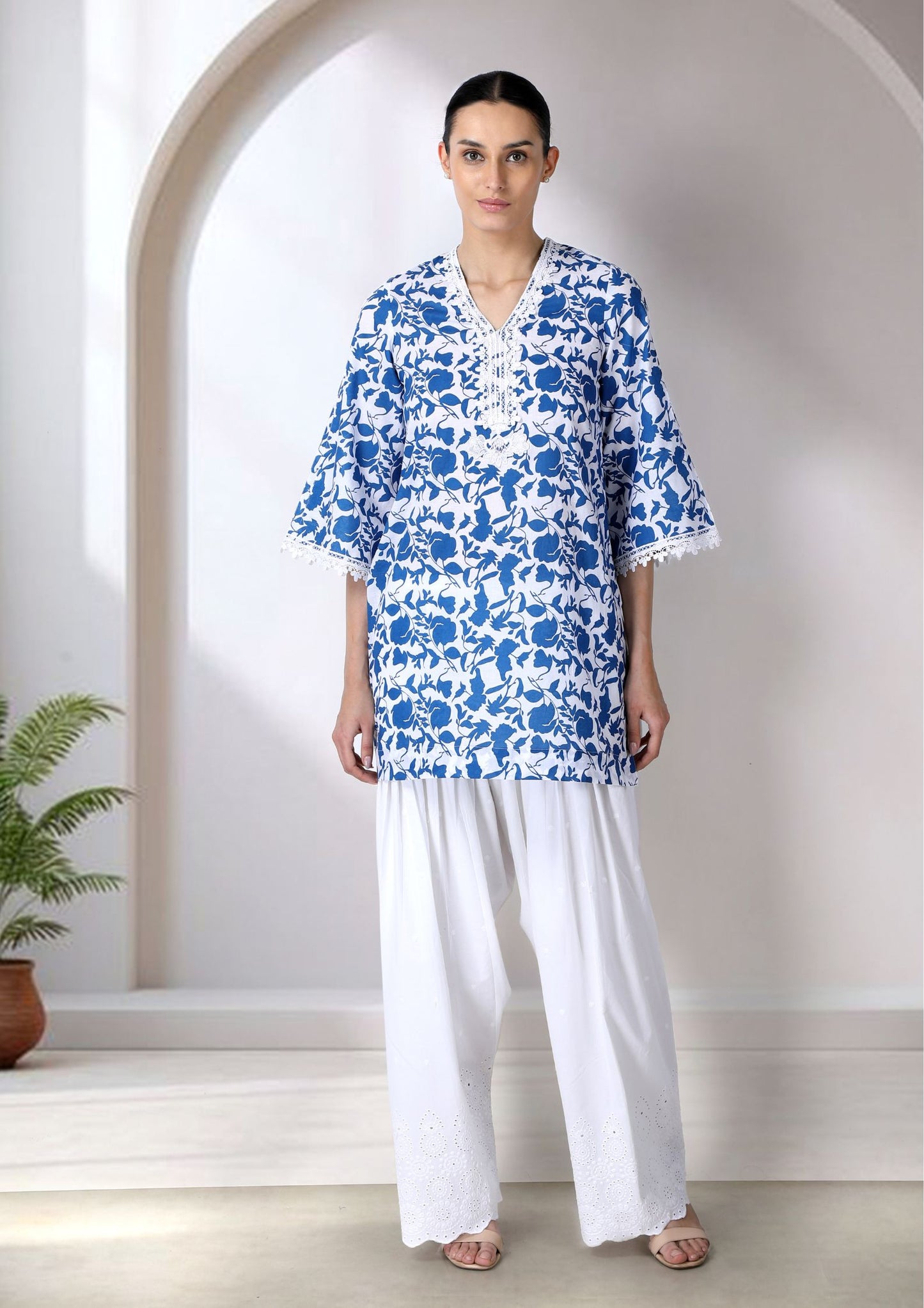 Blue And White Short Cotton Kurta With Lace Detailing