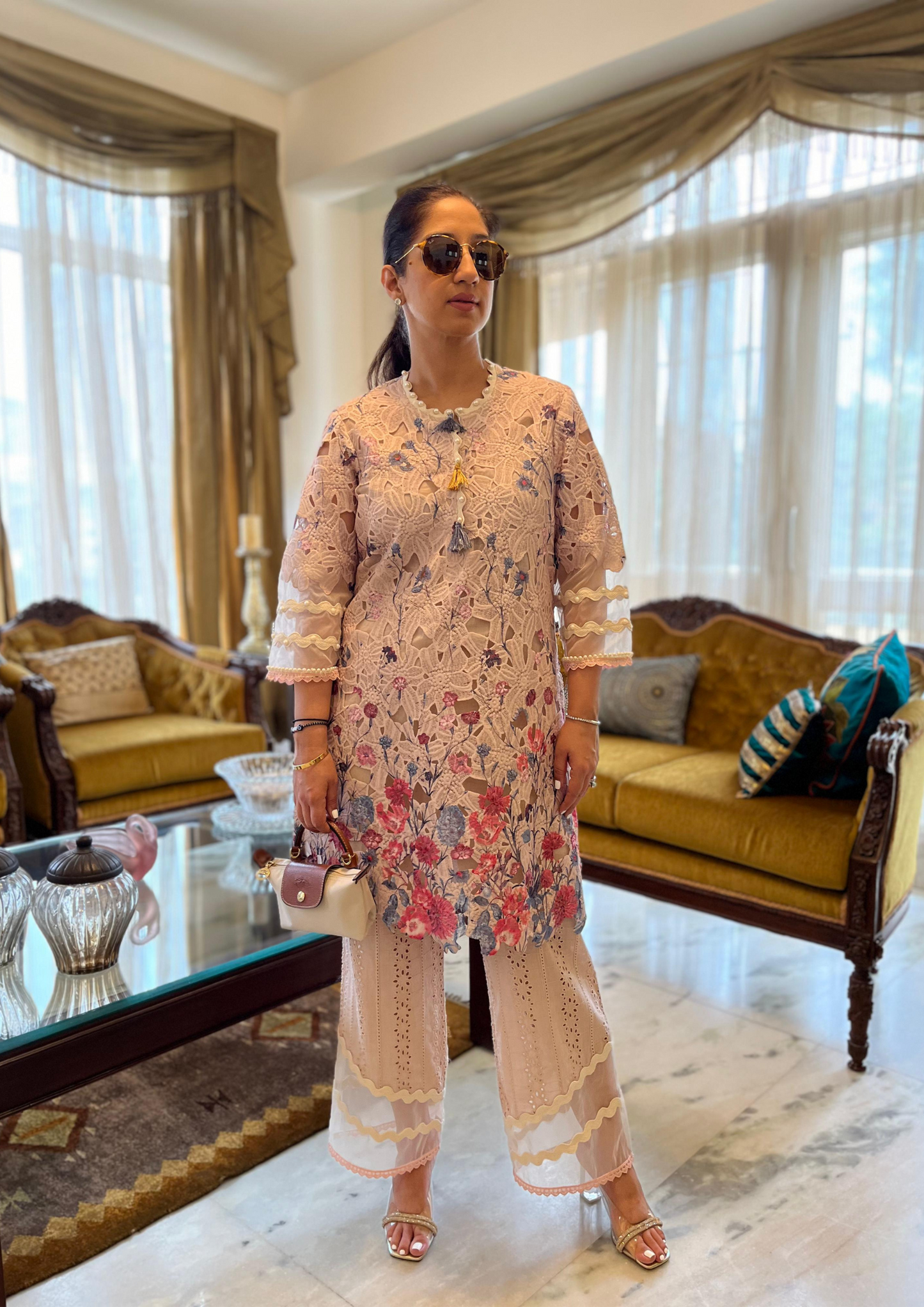 Printed Crochet Cutwork Kurta With Pants