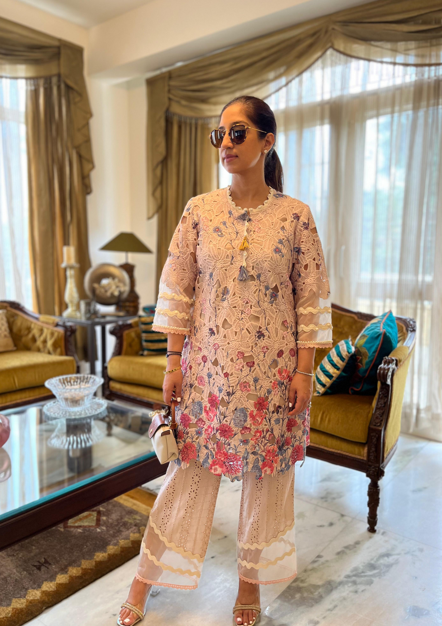 Printed Crochet Cutwork Kurta With Pants
