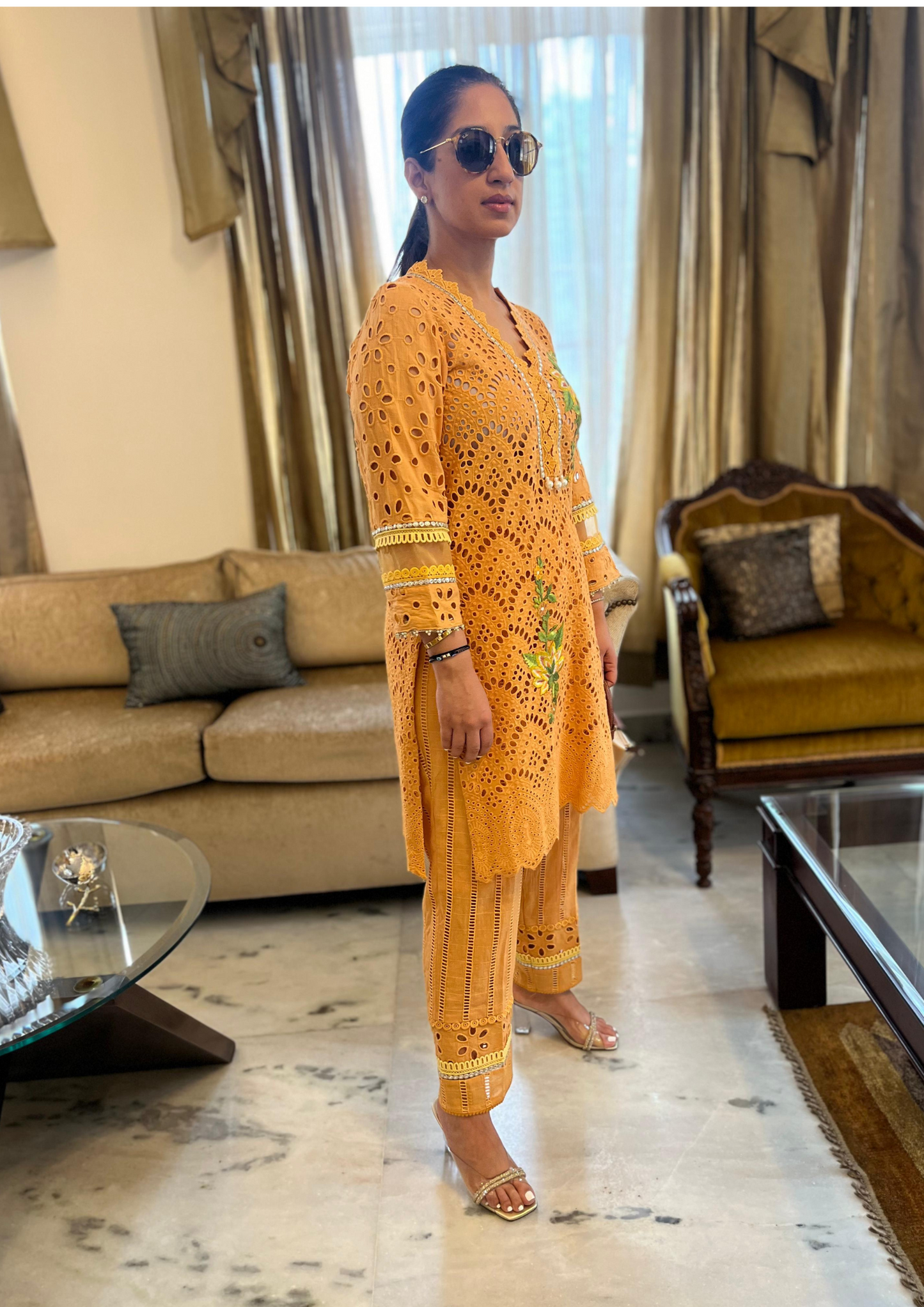 Mango Colored Cotton Cutwork Kurta With Floral Thread Embroidery