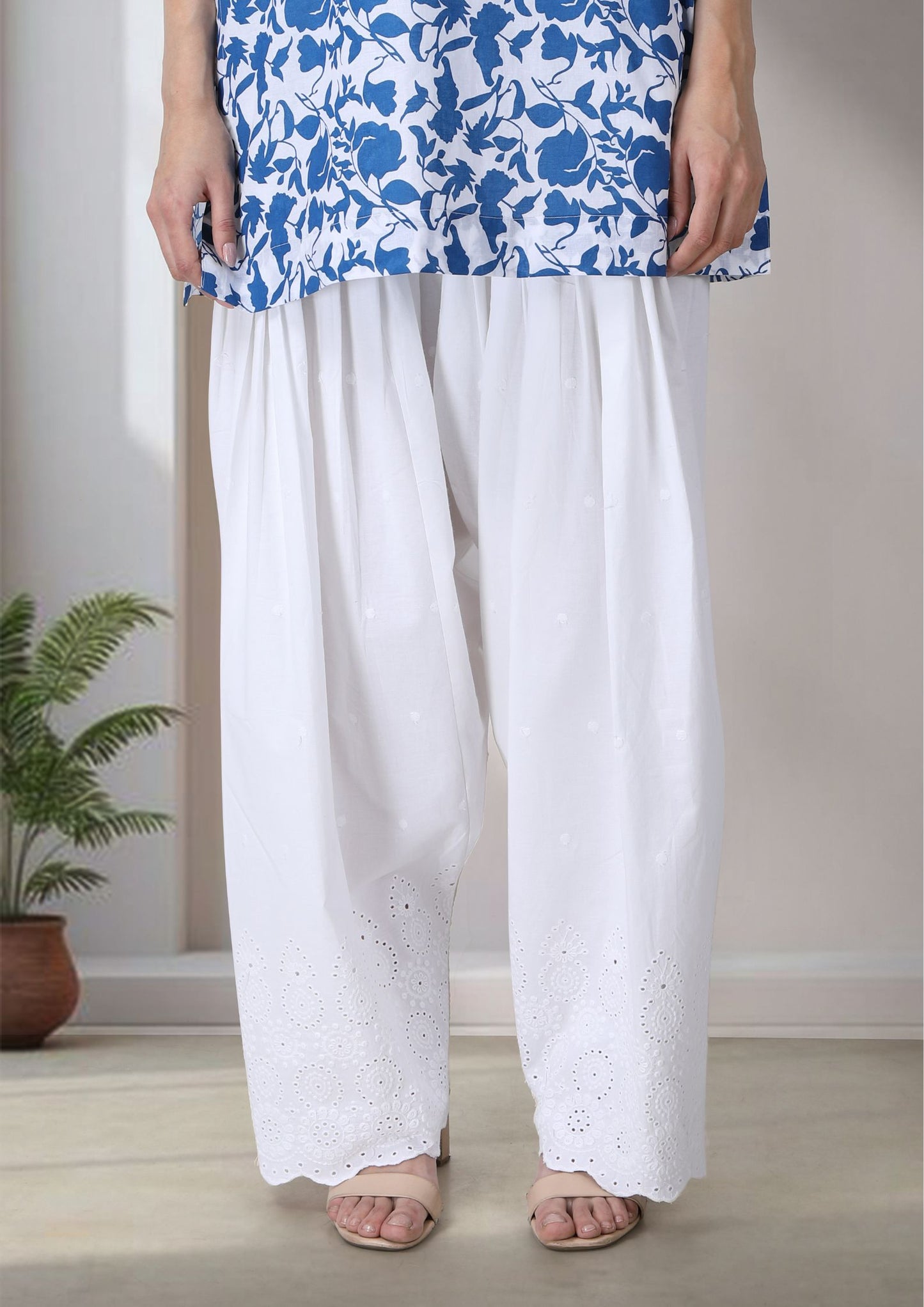 Blue And White Short Cotton Kurta With Lace Detailing