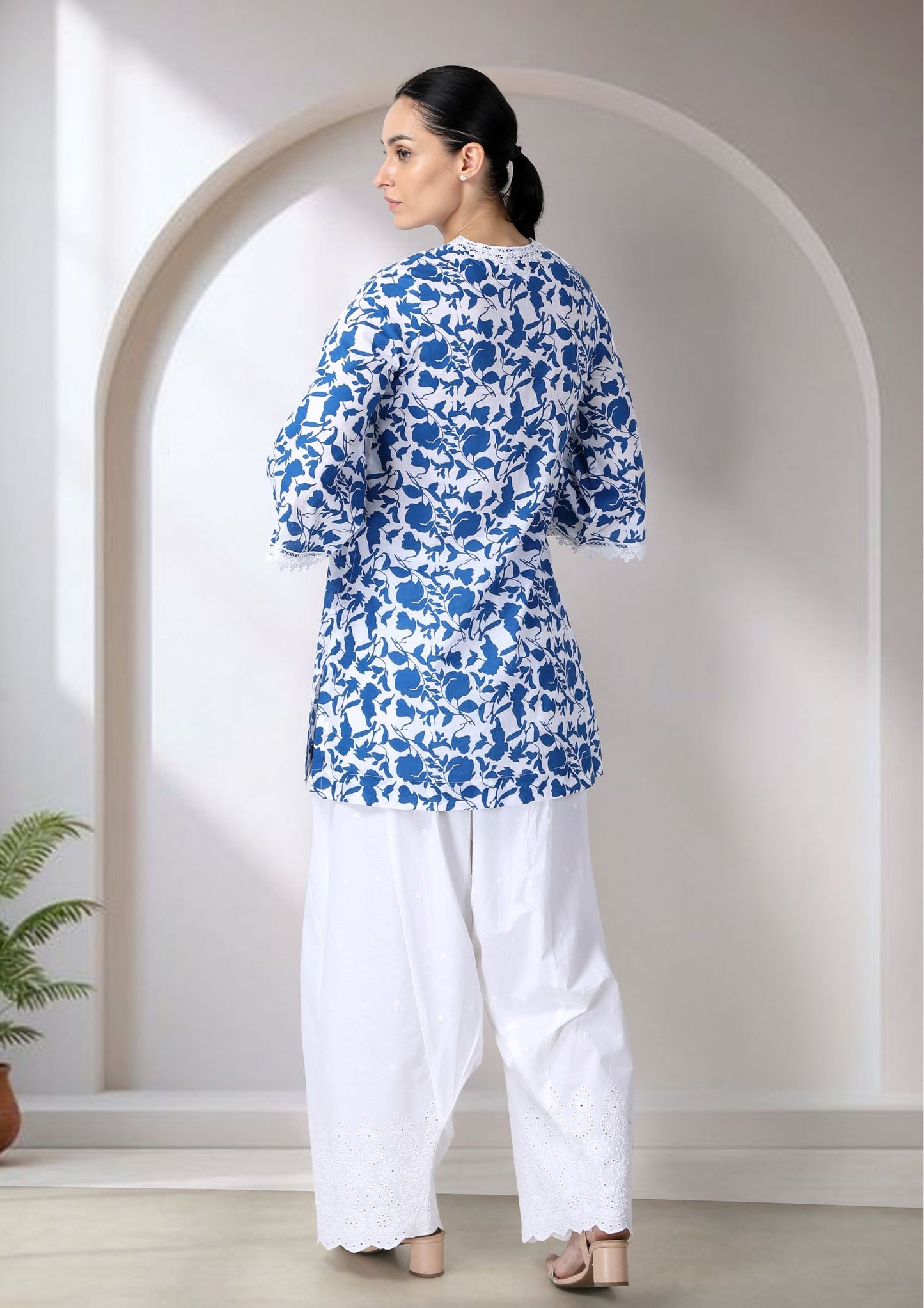 Blue And White Short Cotton Kurta With Lace Detailing
