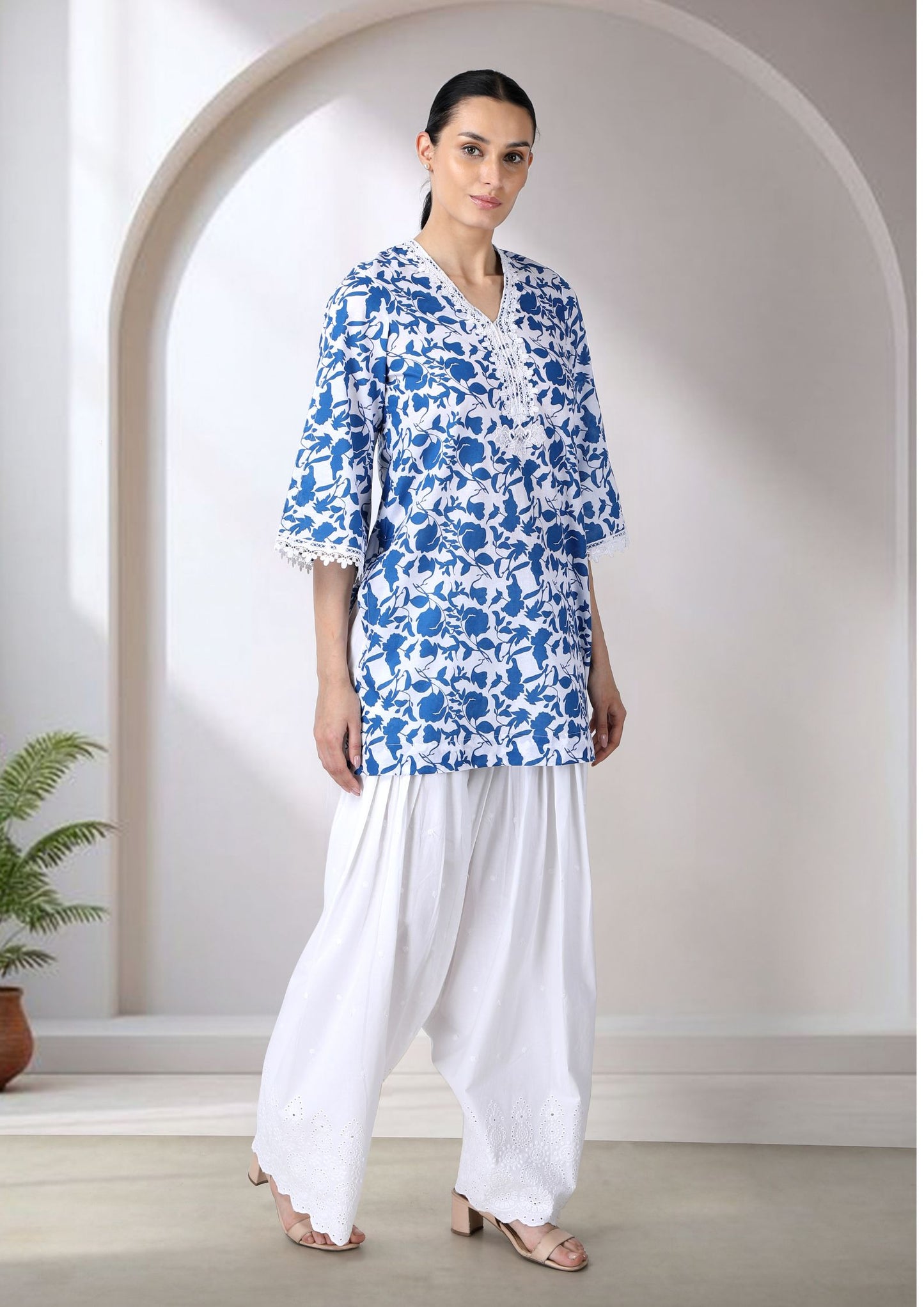Blue And White Short Cotton Kurta With Lace Detailing