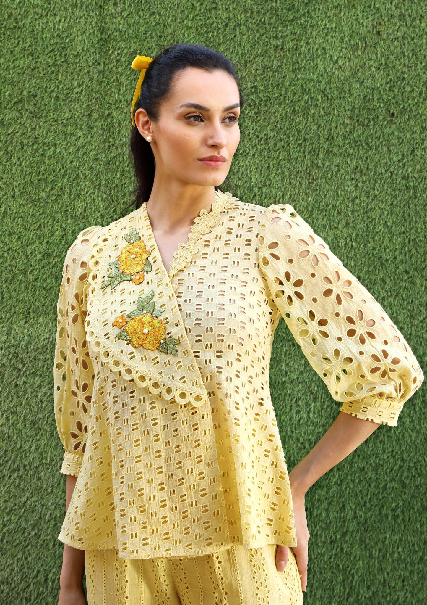 Yellow Cotton Cutwork Coord Set