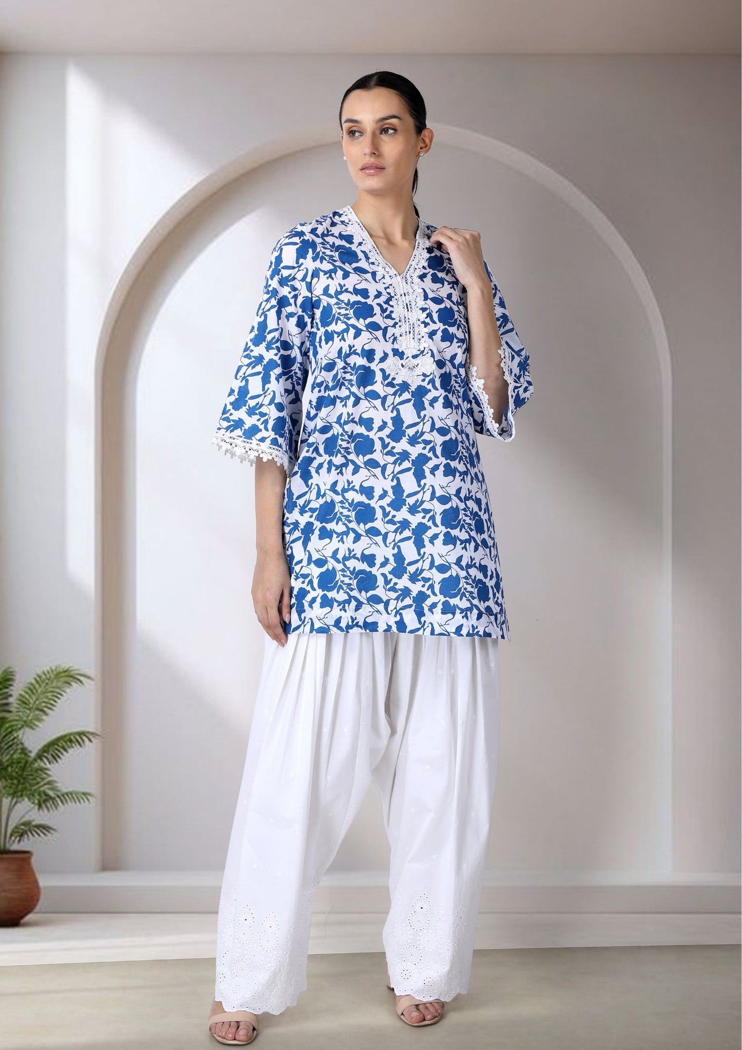 Blue And White Short Cotton Kurta With Lace Detailing