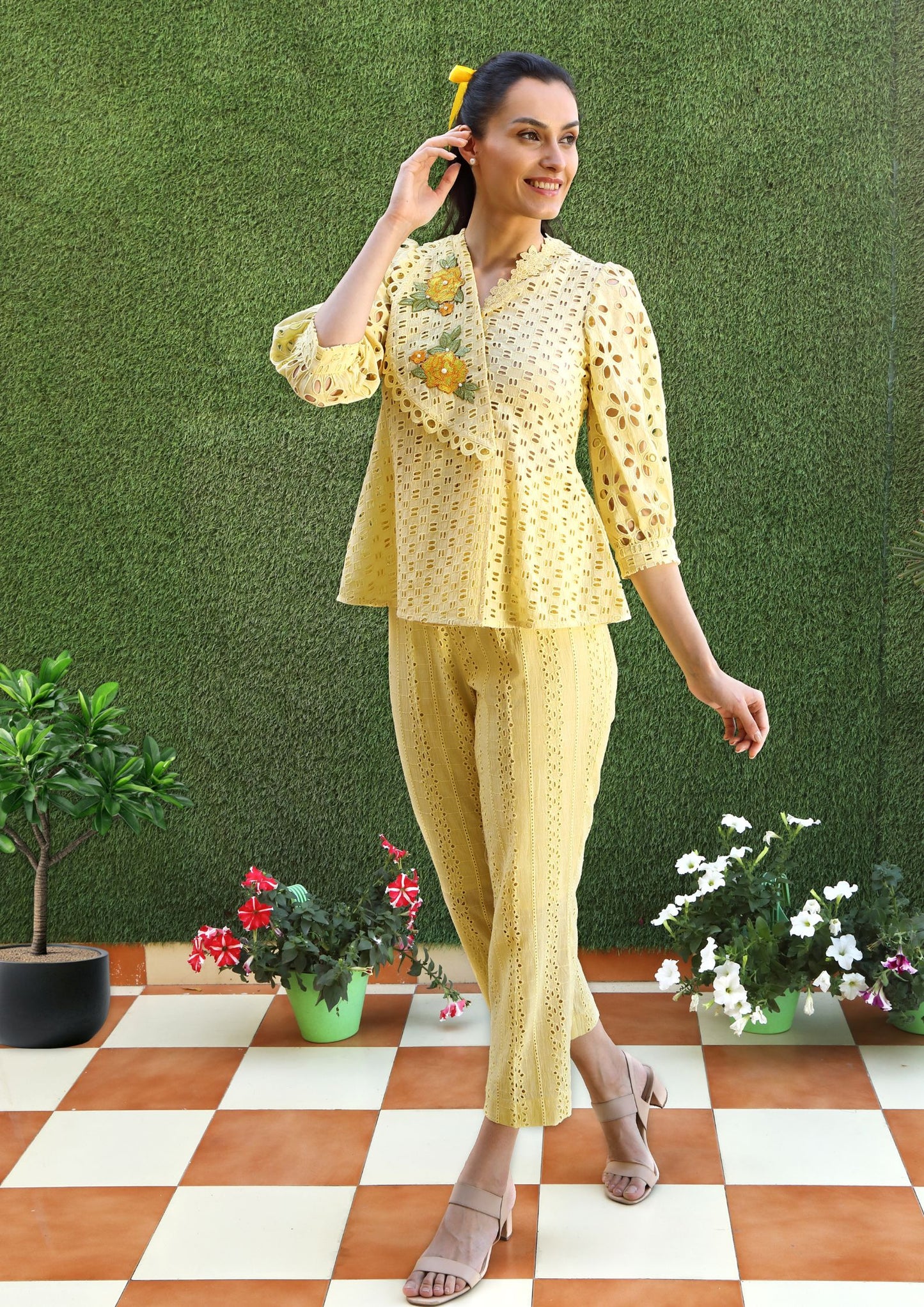 Yellow Cotton Cutwork Coord Set