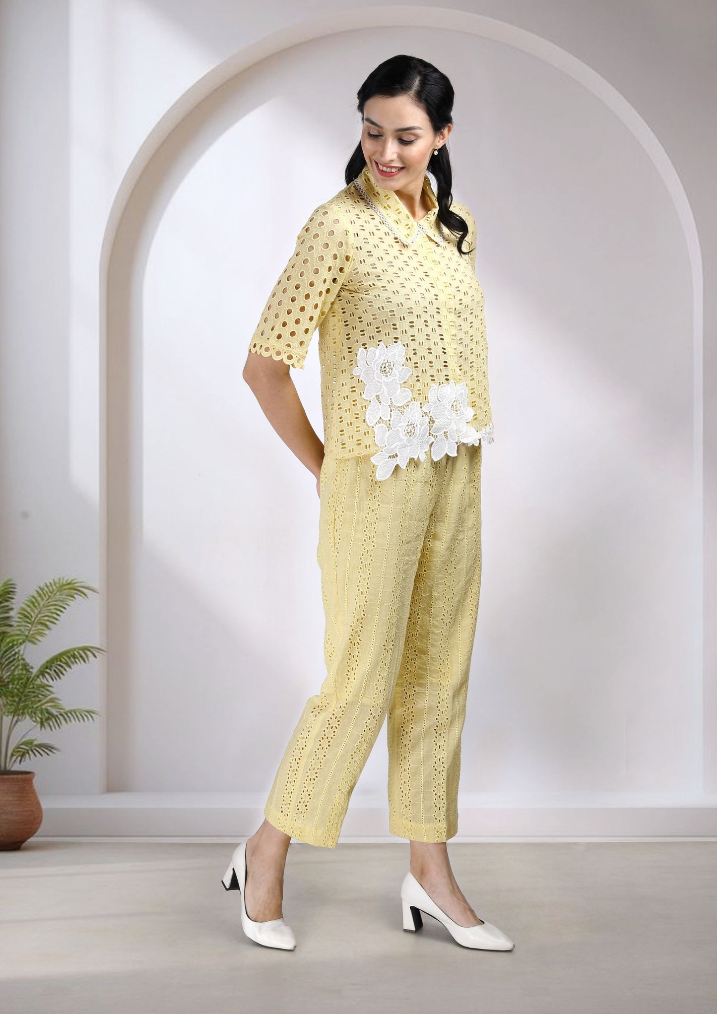 Yellow Cotton Cutwork Coord Set