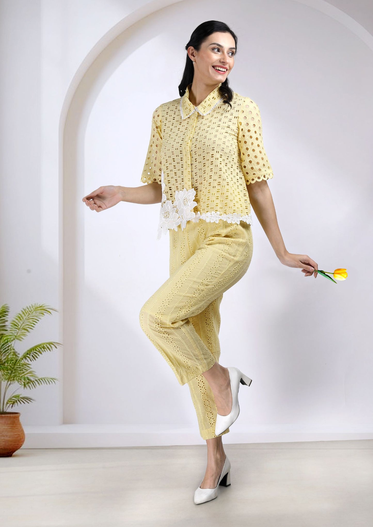 Yellow Cotton Cutwork Coord Set