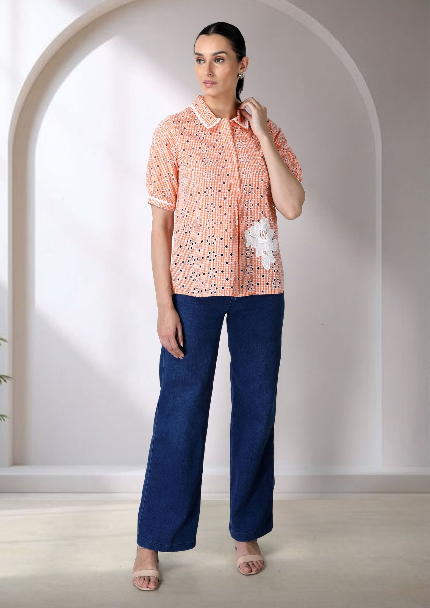 Orange Cutwork Collar Top
