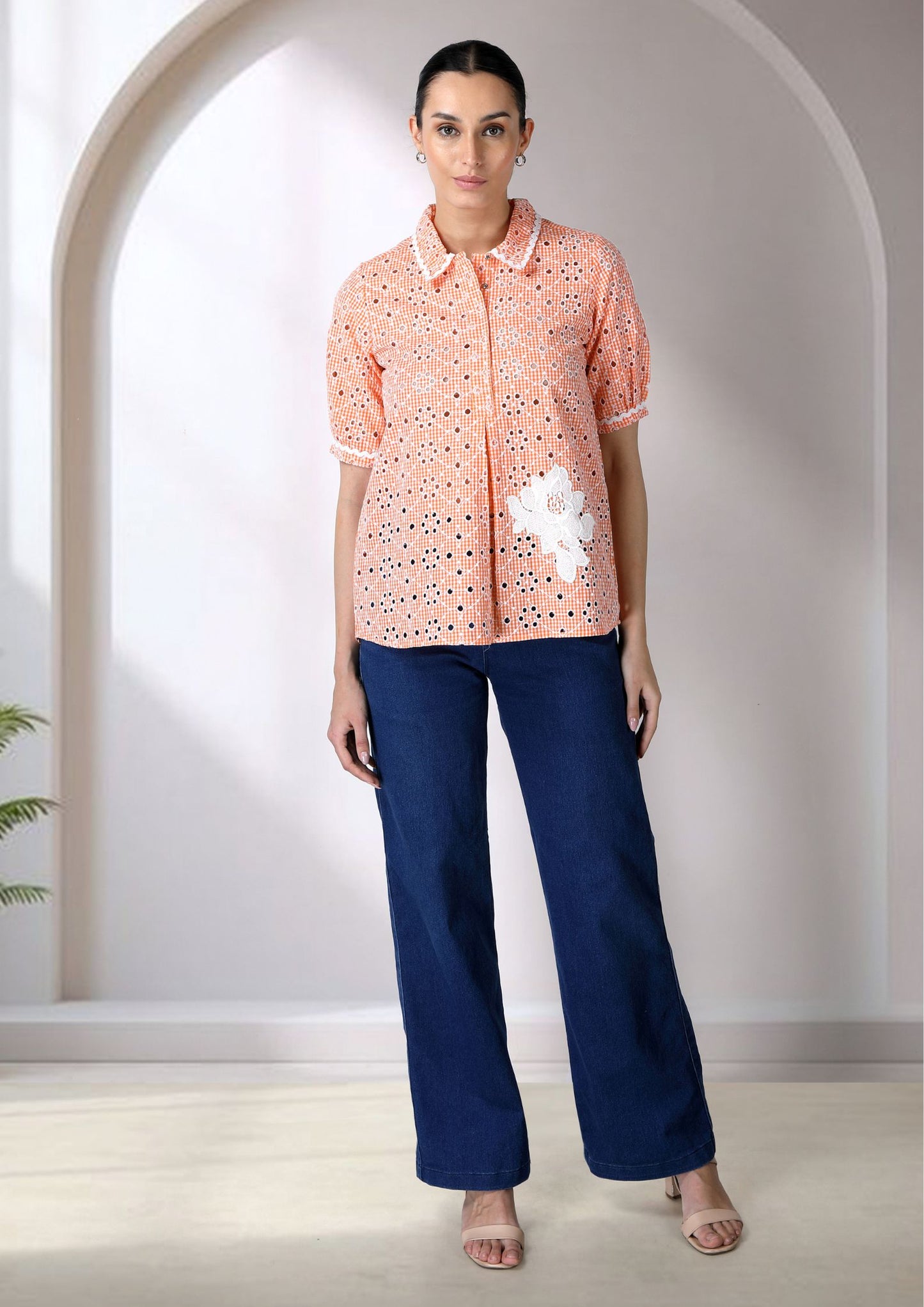 Orange Cutwork Collar Top