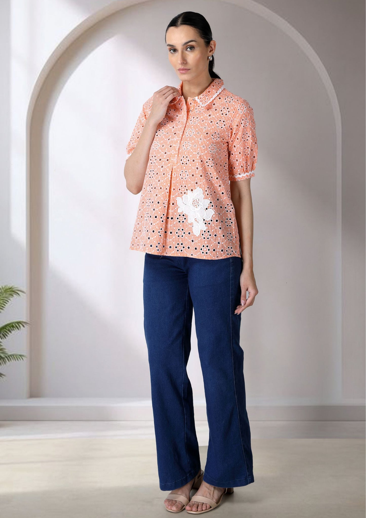 Orange Cutwork Collar Top