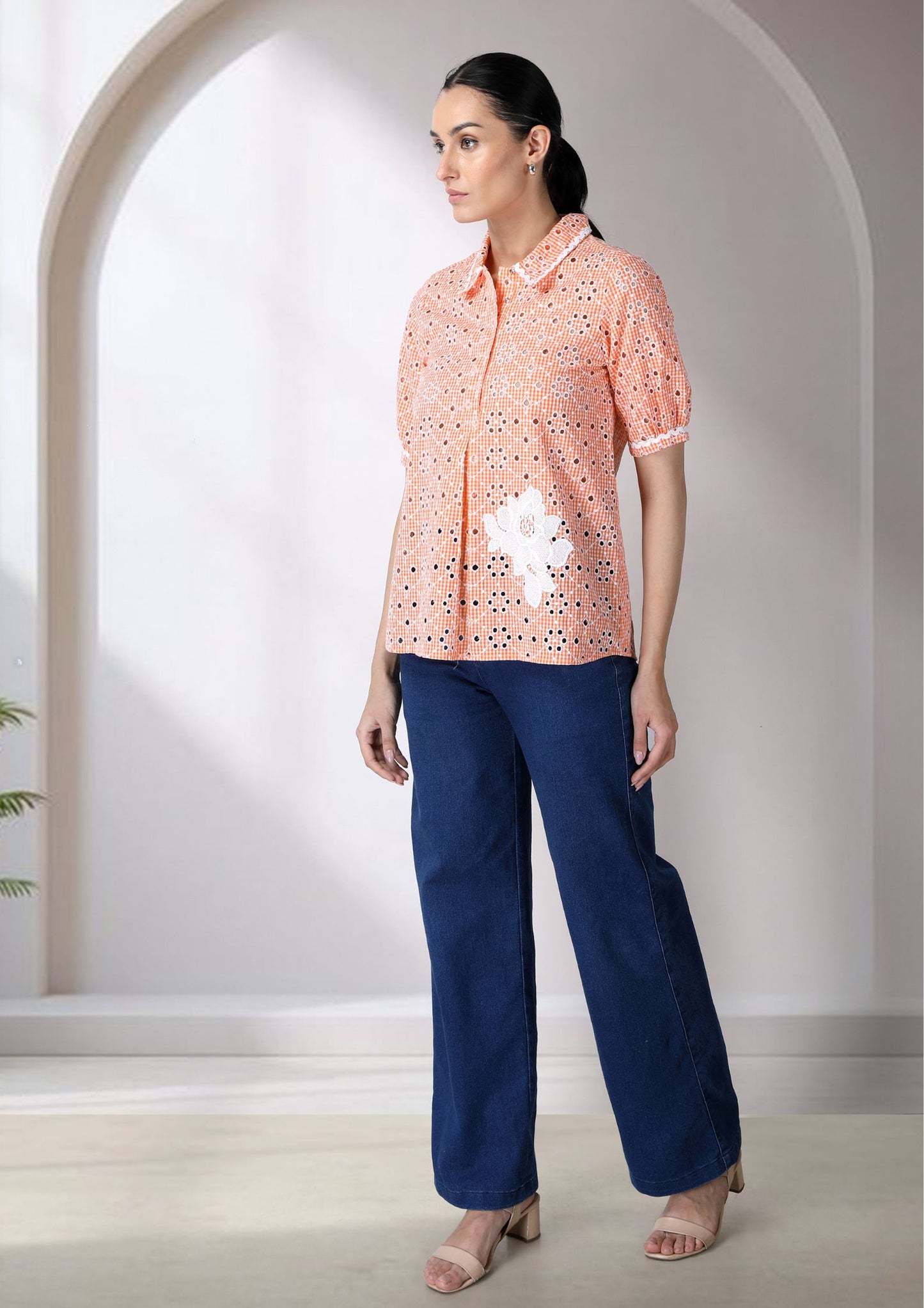 Orange Cutwork Collar Top