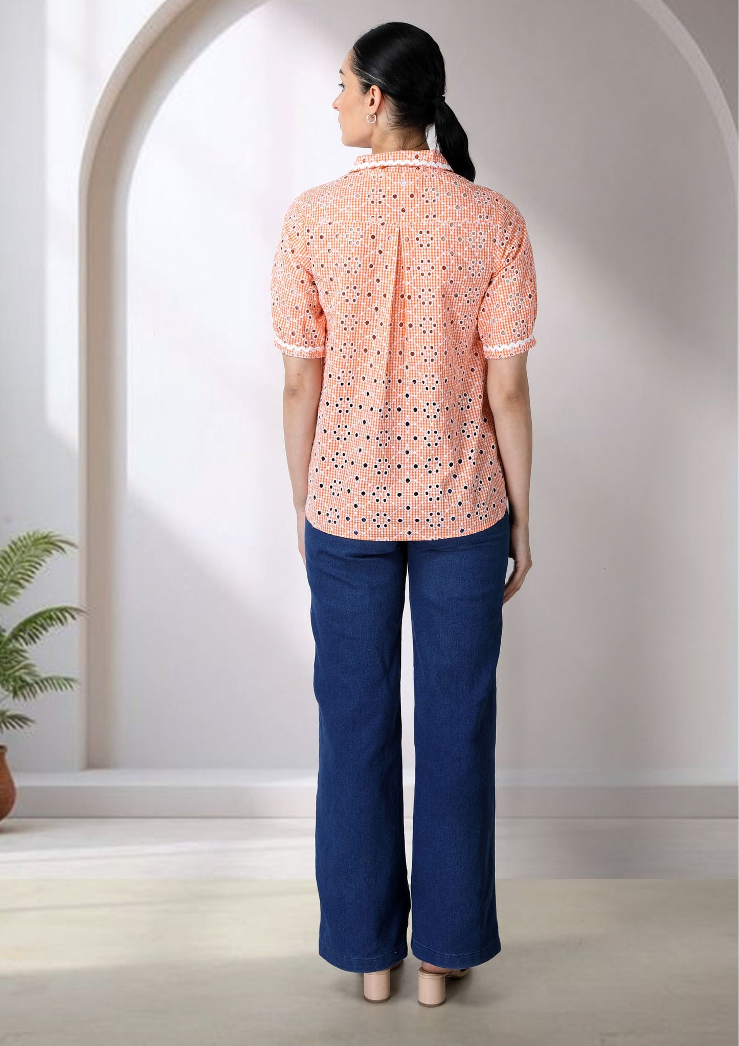 Orange Cutwork Collar Top