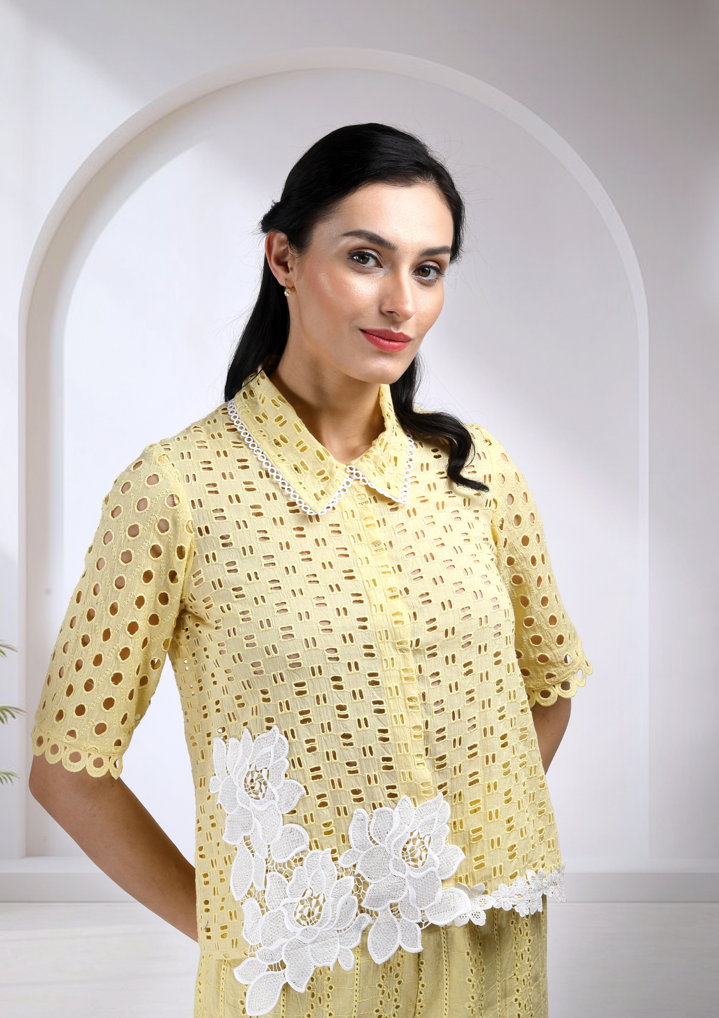 Yellow Cotton Cutwork Coord Set