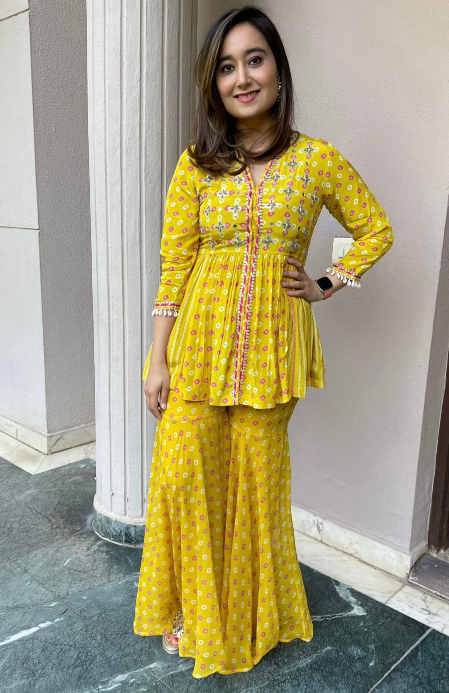 Yellow Sharara Bandhini Print Set - SET OF 2