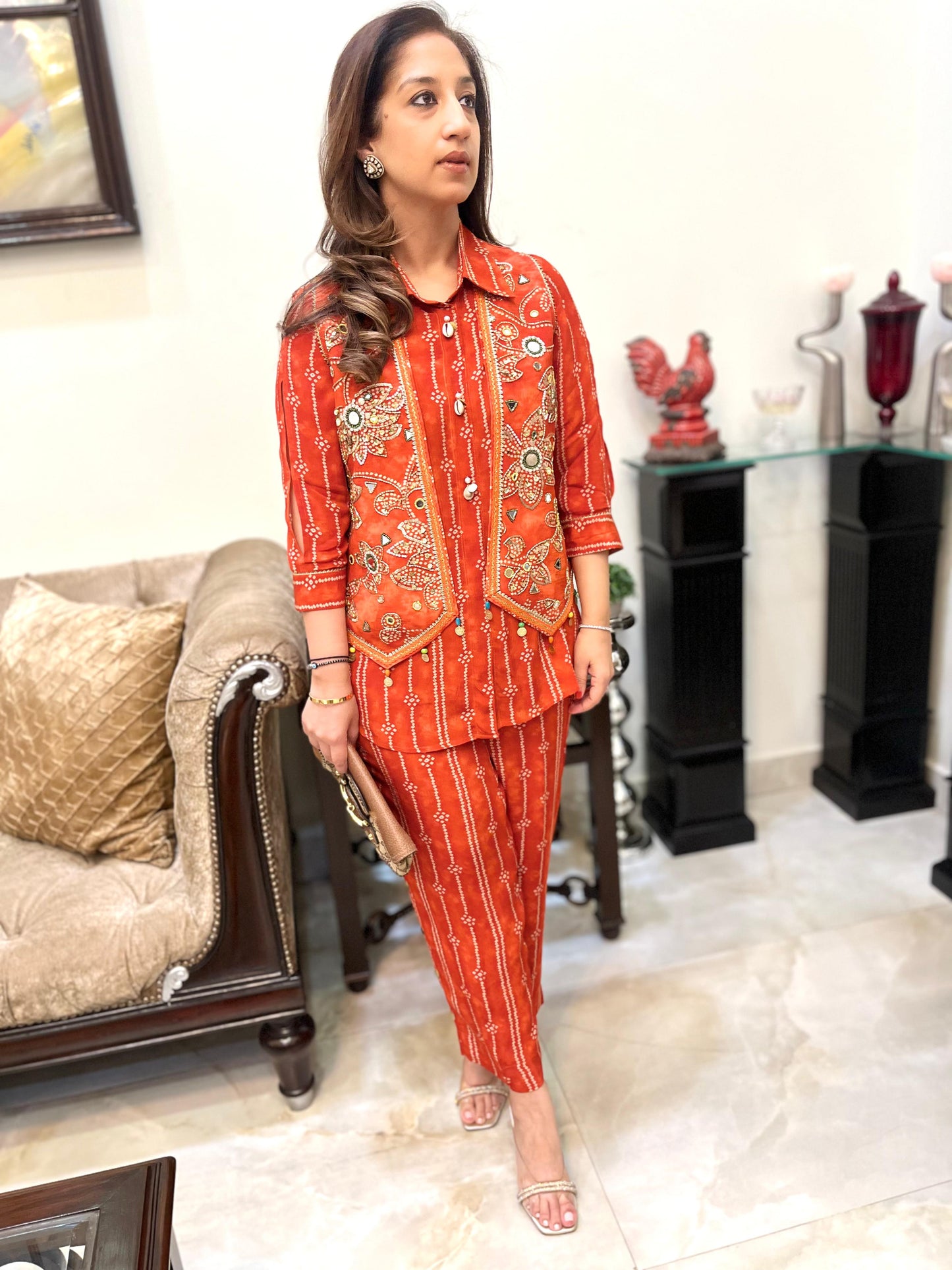Orange bandhini coord set with collar shirt and pants