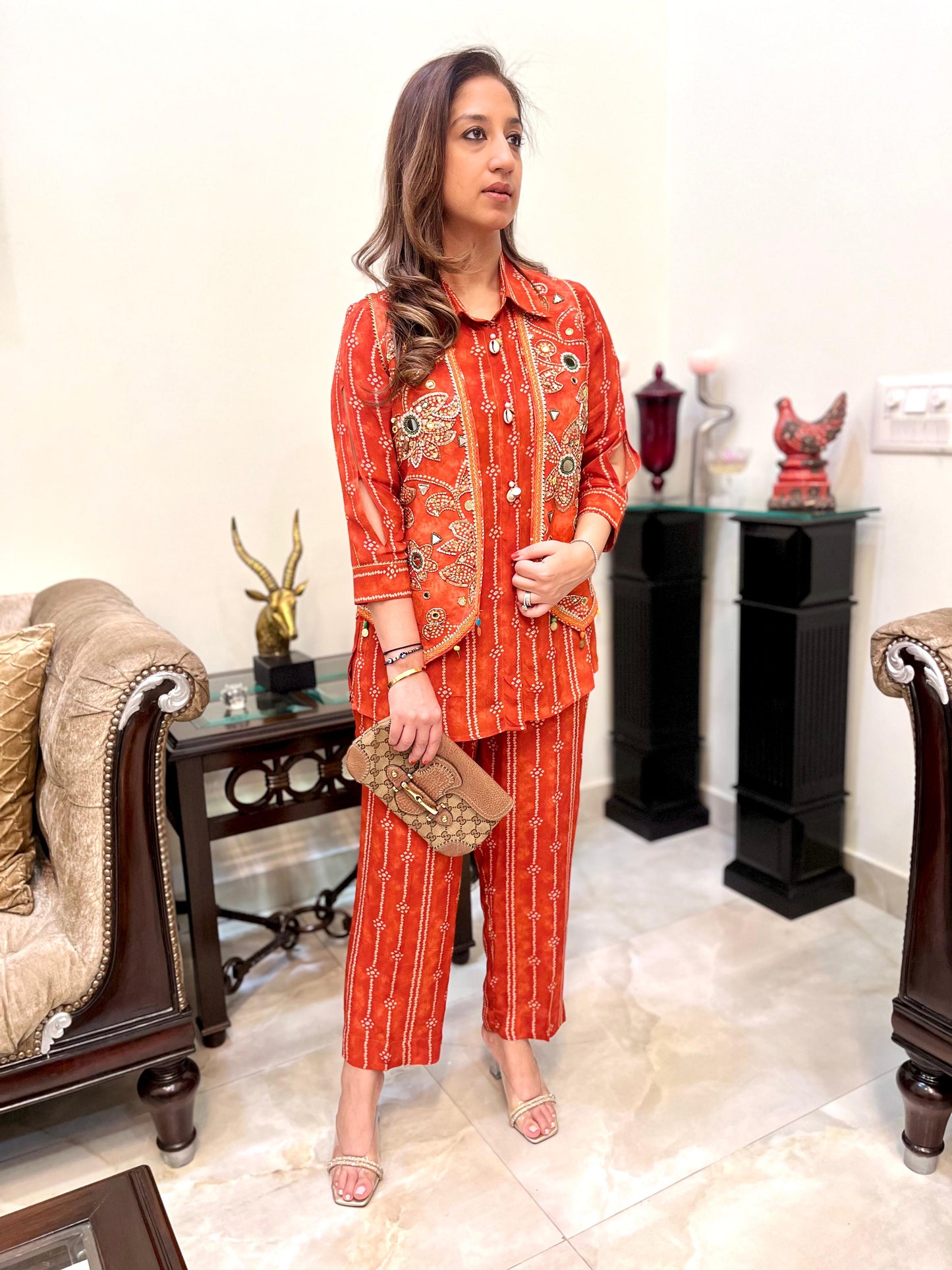 Orange bandhini coord set with collar shirt and pants