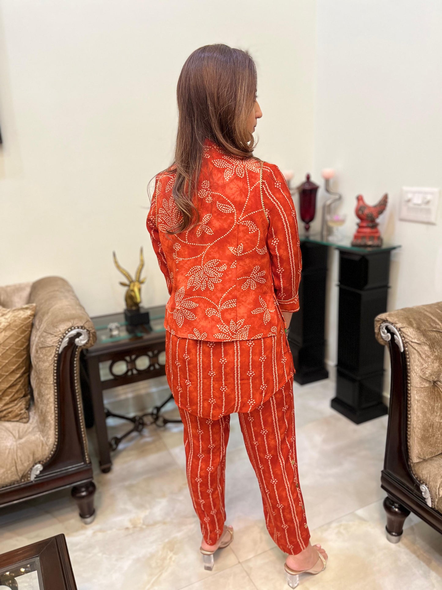 Orange bandhini coord set with collar shirt and pants