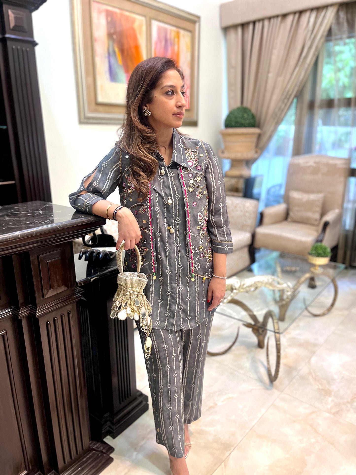 Grey bandhini coord set with collar shirt and pants