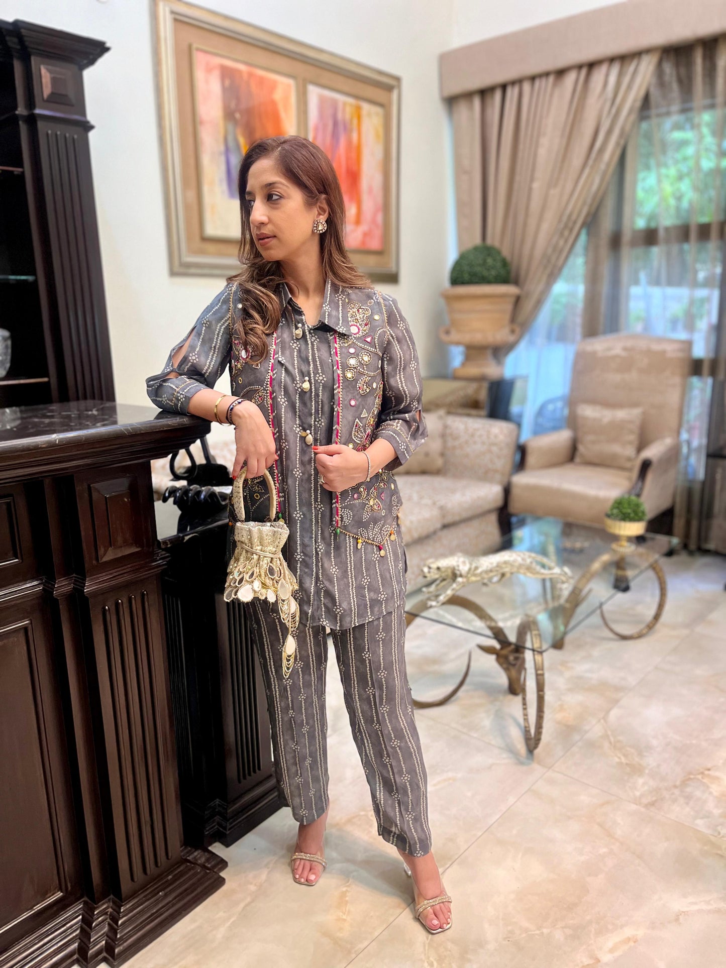 Grey bandhini coord set with collar shirt and pants